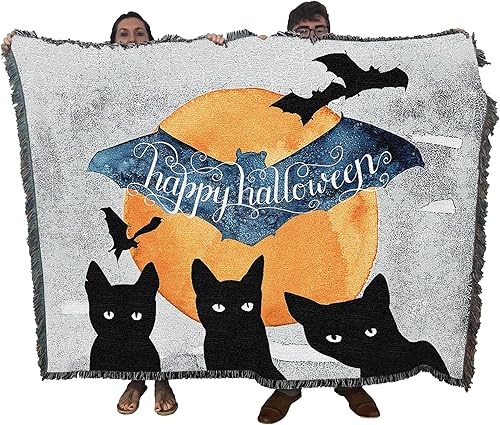 Pure Country Weavers Grace Popp - Manta de 3 gatos negros  Regalo de murciélagos y luna, para otoño, Halloween, manta tejida de algodón, fabricada