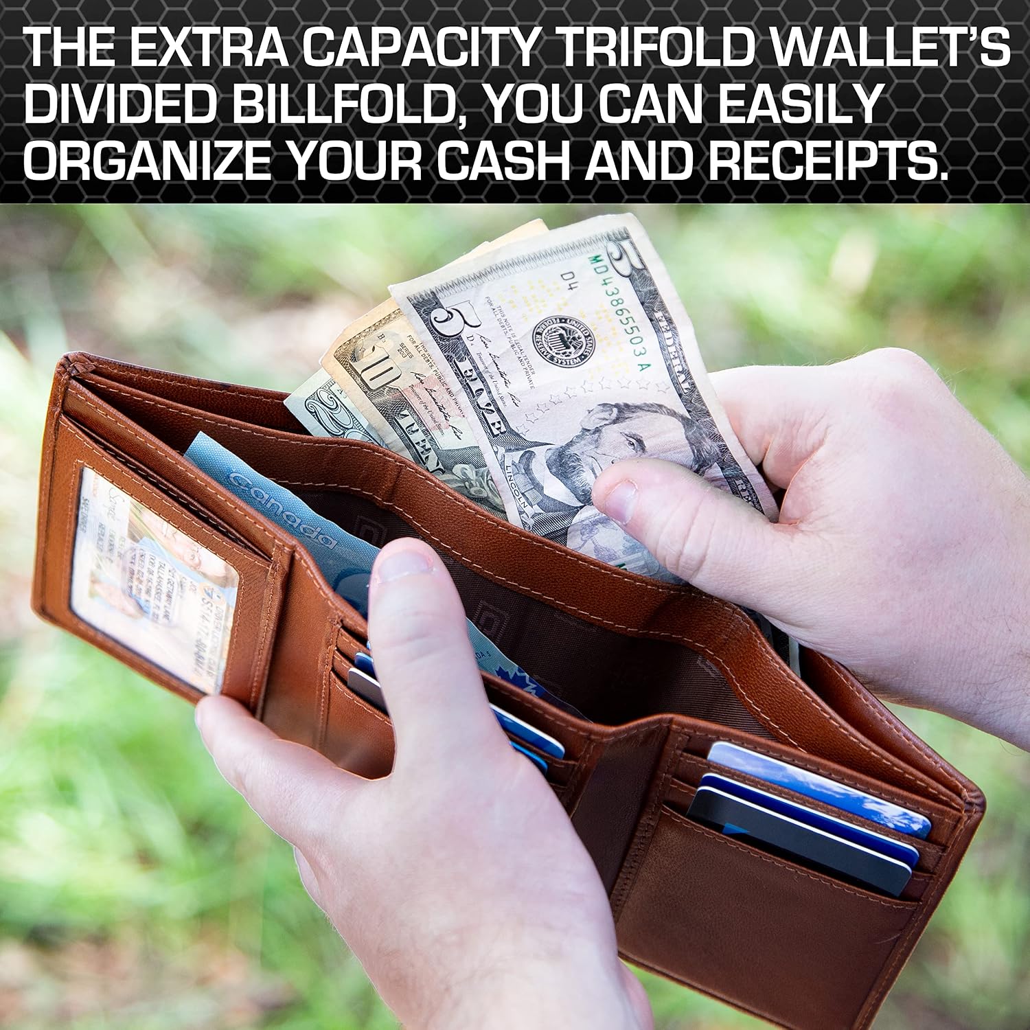 IDENTITY STRONGHOLD Extra Capacity Trifold Wallet for Men - RFID Blocking Genuine Leather Wallet (Antiqued Brown)