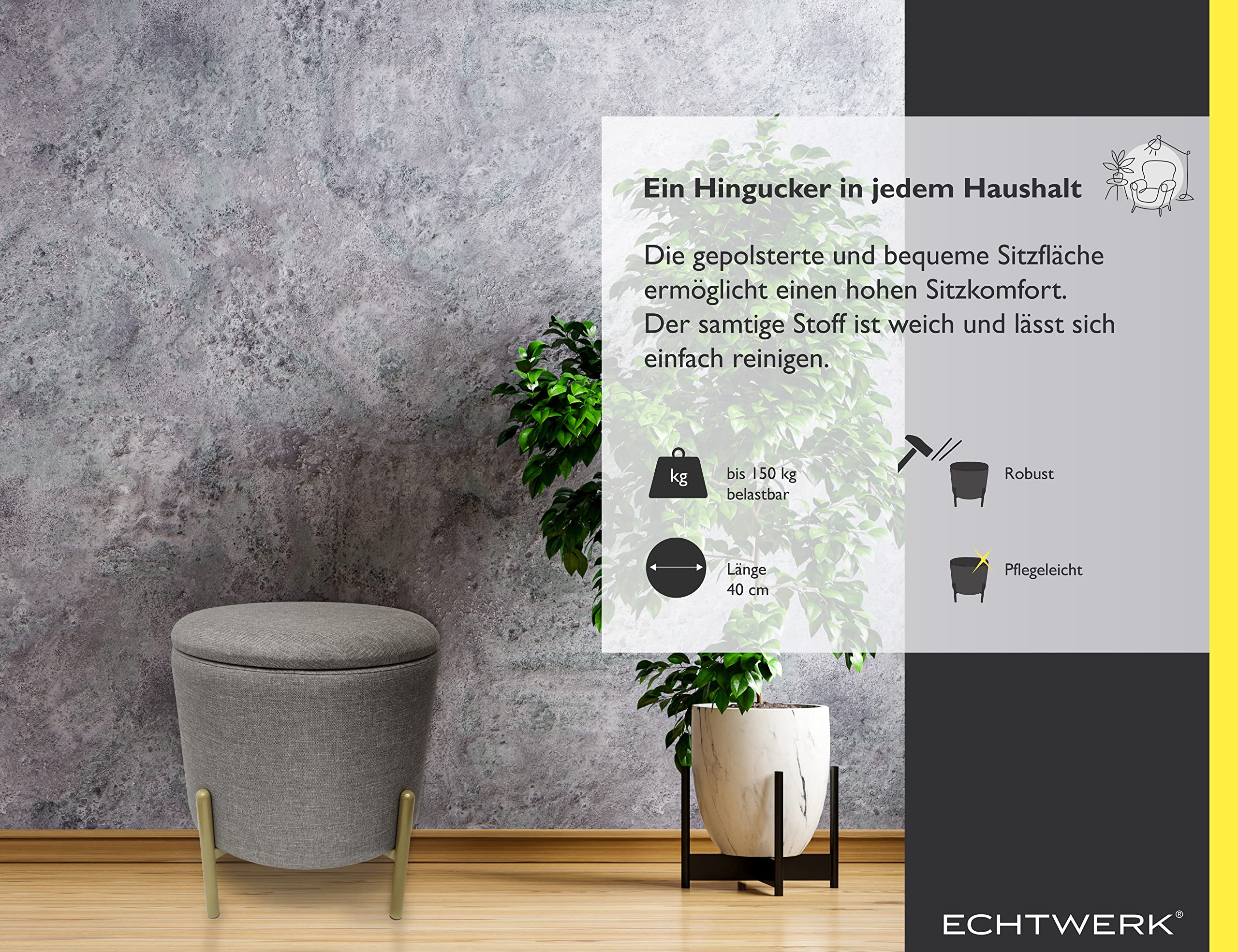 Echtwerk Taburete Logan con Superficie de poliéster, función de Almacenamiento, 40 x 40 x 40 cm, hasta 150 kg, Color Gris, Metal, EW-RH-0436G