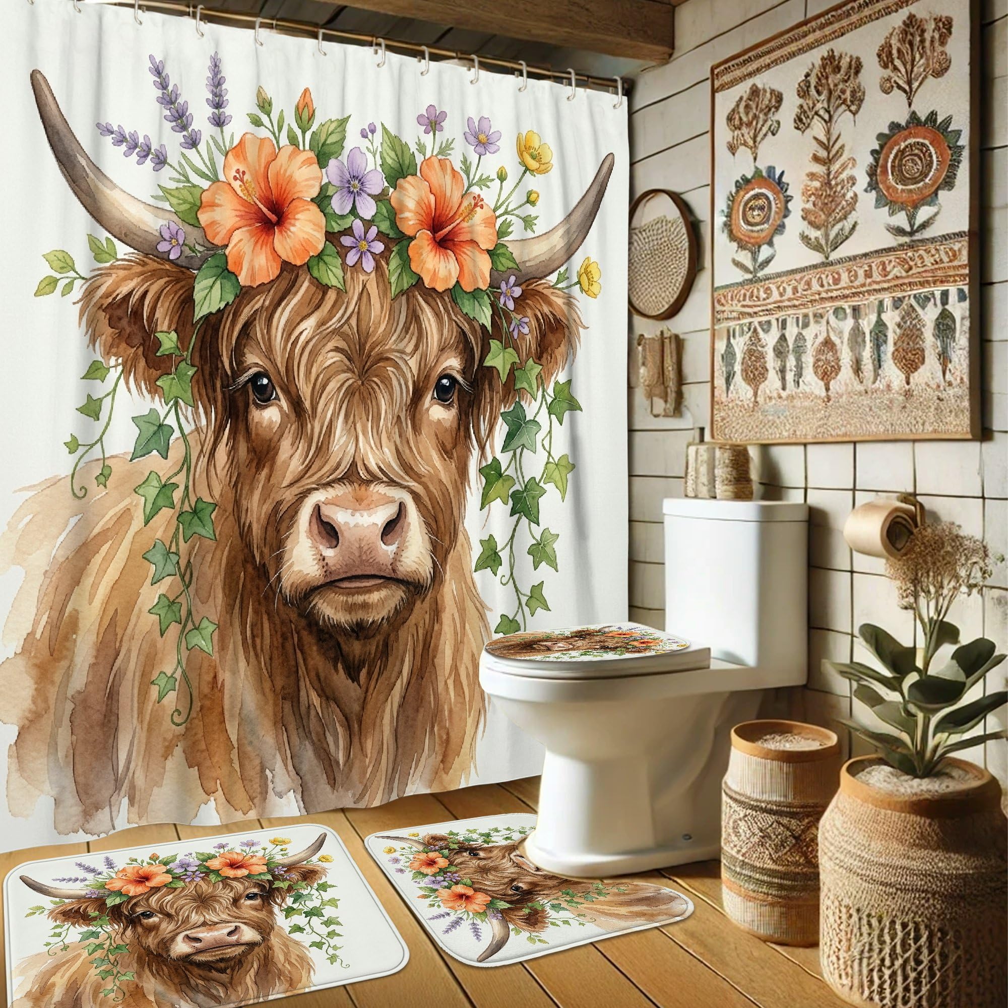 Rideau de douche rustique imprimé vache et fleurs bohèmes pour chambre d'amis, 183x183 cm