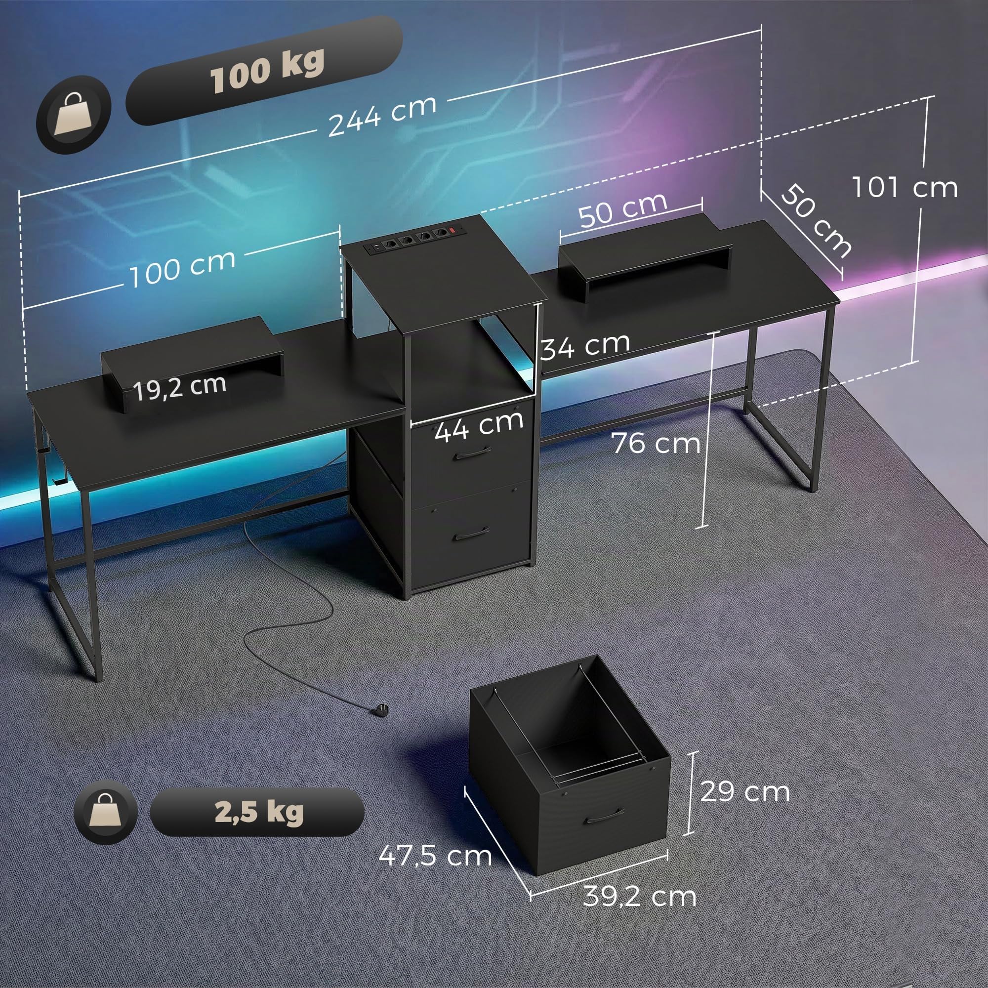 HOMCOM Mesa Gaming Doble Extralargo 244 cm con Estación de Carga Negro | Mesa Gamer, Escritorio Doble, Puertos USB, Soportes para Monitor, Cajones de Tela, Ganchos para Auriculares