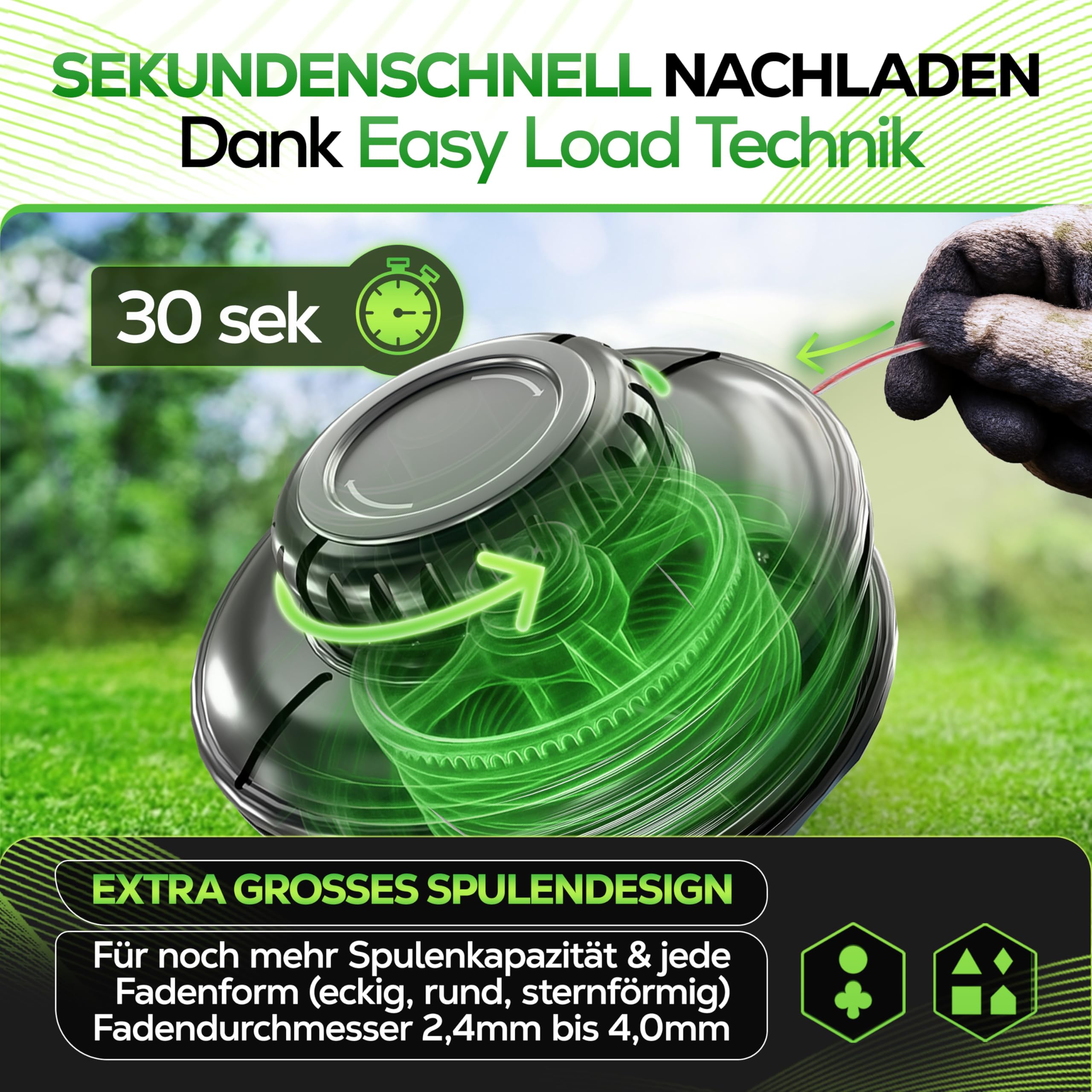 Heckenpracht® Fadenkopf für Motorsense mit Stahlknauf Linksgewinde | Trimmerkopf mit Tap & Go Funktion | Effizientes Rasenmähen mit Mähkopf für Freischneider - Fadenspule inkl. 5 Gewindeadapter