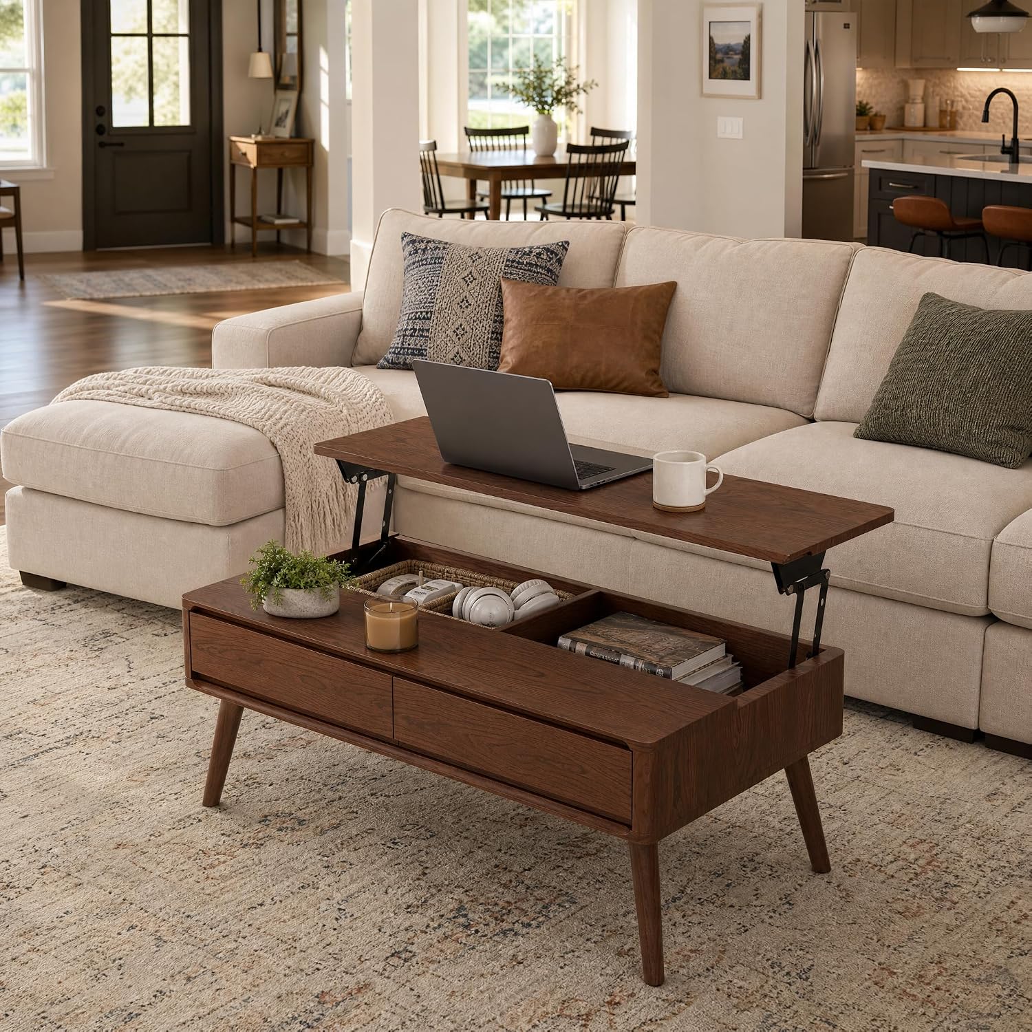 Solid Oak Wood Lift Top Coffee Table for Living Room, Fully-Assembled