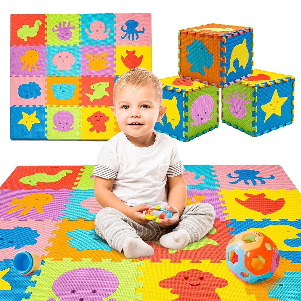 TOYVELT Foam Puzzle Floor Mat for Kids 12x12-16 Interlocking Play Mat Tiles with Colors, Alphabet, ABC - Educational Large Puzzle Foam Floor Tiles for Crawling, Exercise, Playroom, Play Area