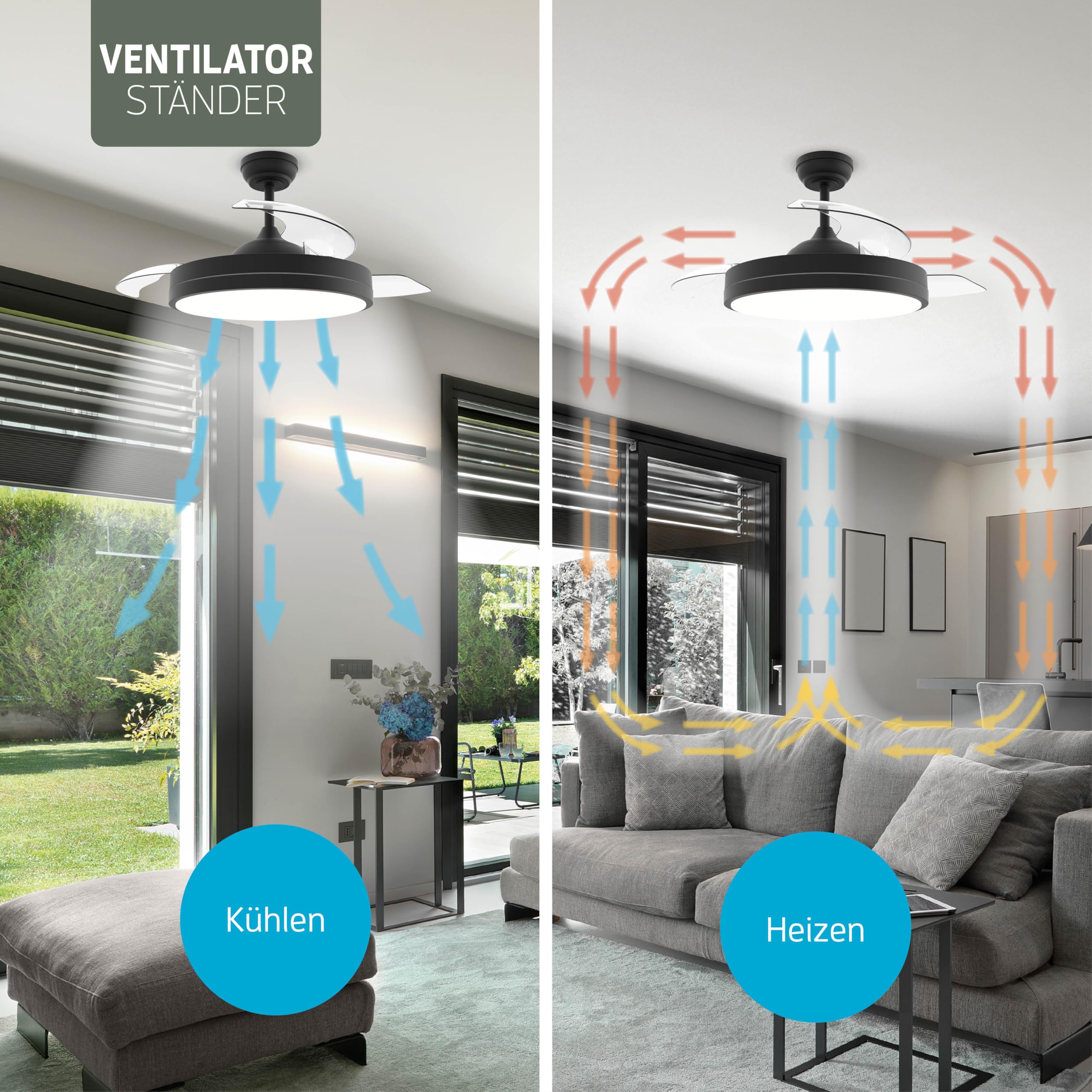 Varin® Smart Deckenventilator mit Beleuchtung, Tuya WLAN, Ventilator Leise 20dB, LED 36W RGBW, Fernbedienung, Einziehbare Flügel, Ventilator Lampe Decke, Ø 50 cm/108 cm, Schwarz
