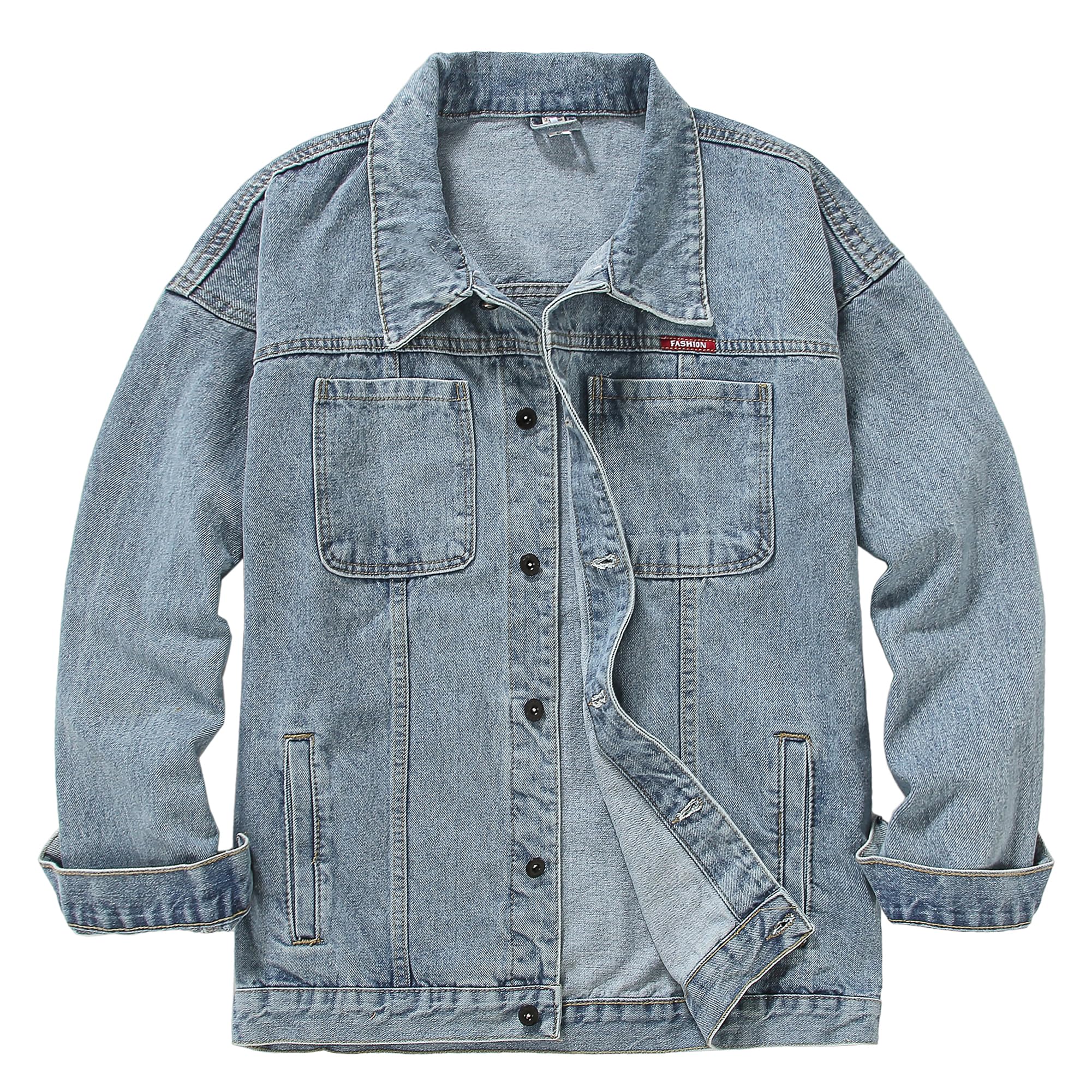 DOSLAVIDA Men's Distressed Denim Jacket Unisex Button Down Jean Coat Casual Long Sleeve Trucker Hooded Jackets Outwear