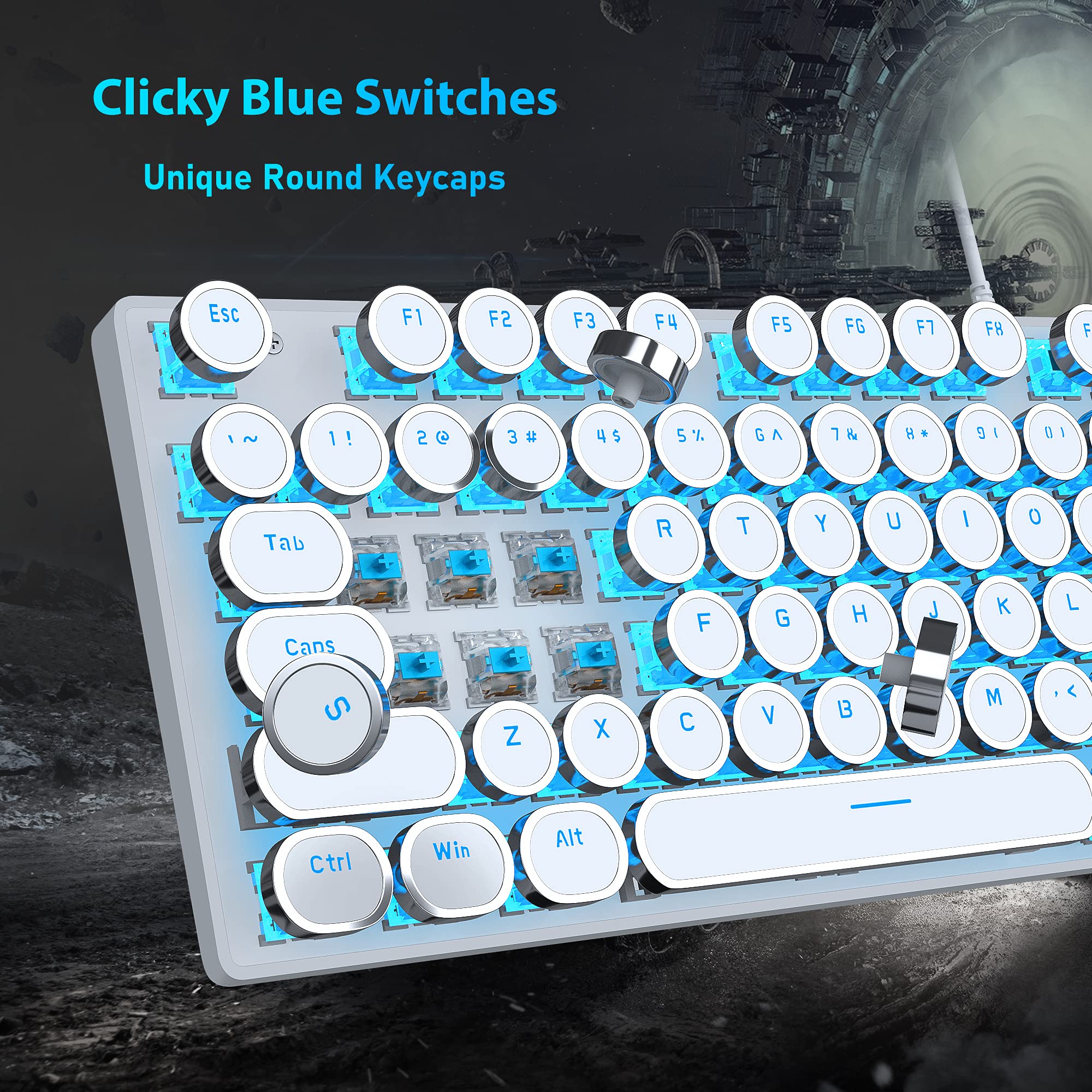 Typewriter Style Mechanical Gaming Keyboard, White Retro Punk Gaming