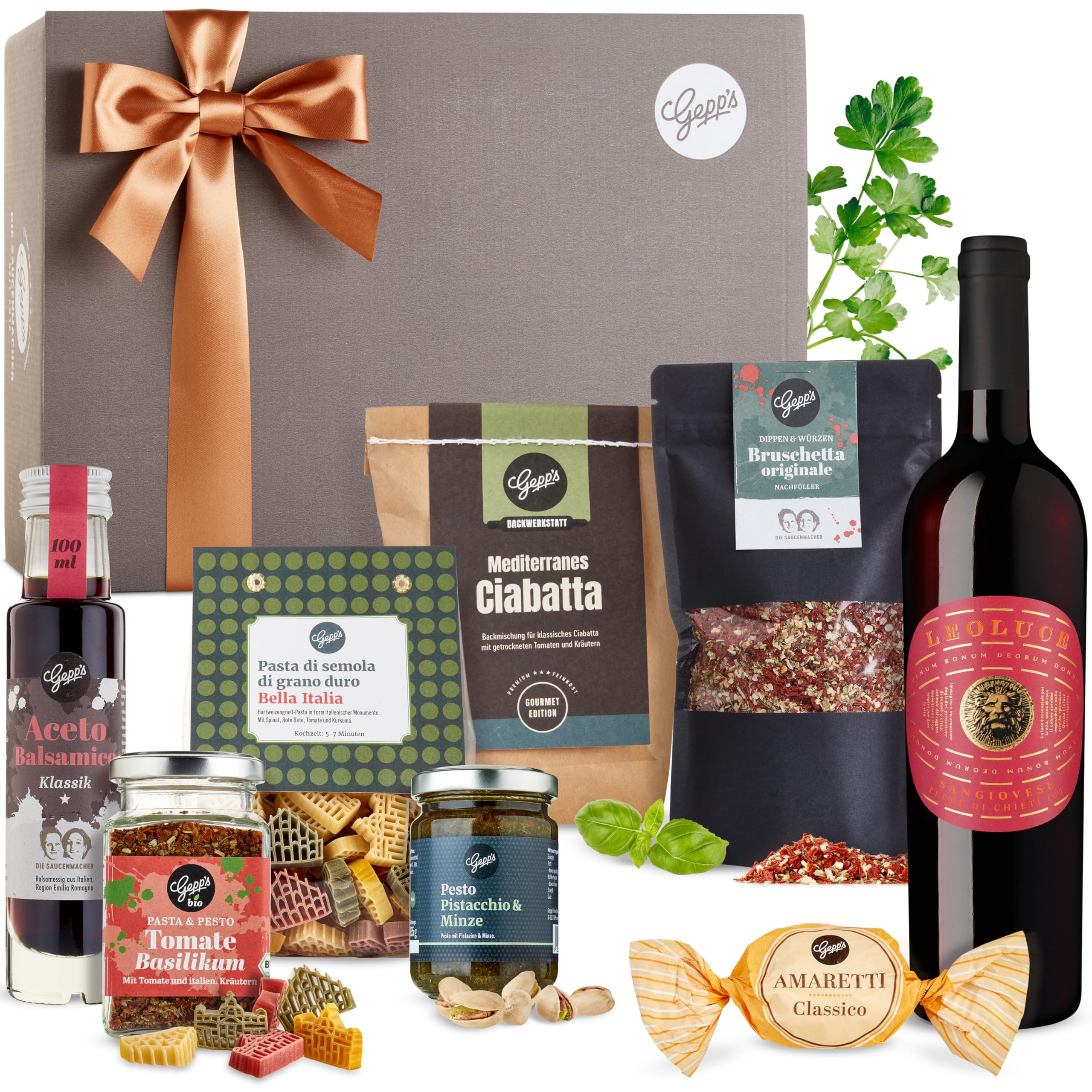 Gepp’s Feinkost Italienreise Geschenkset mit italienischen Delikatessen Rotwein 750 ml Trüffel-Olivenöl
