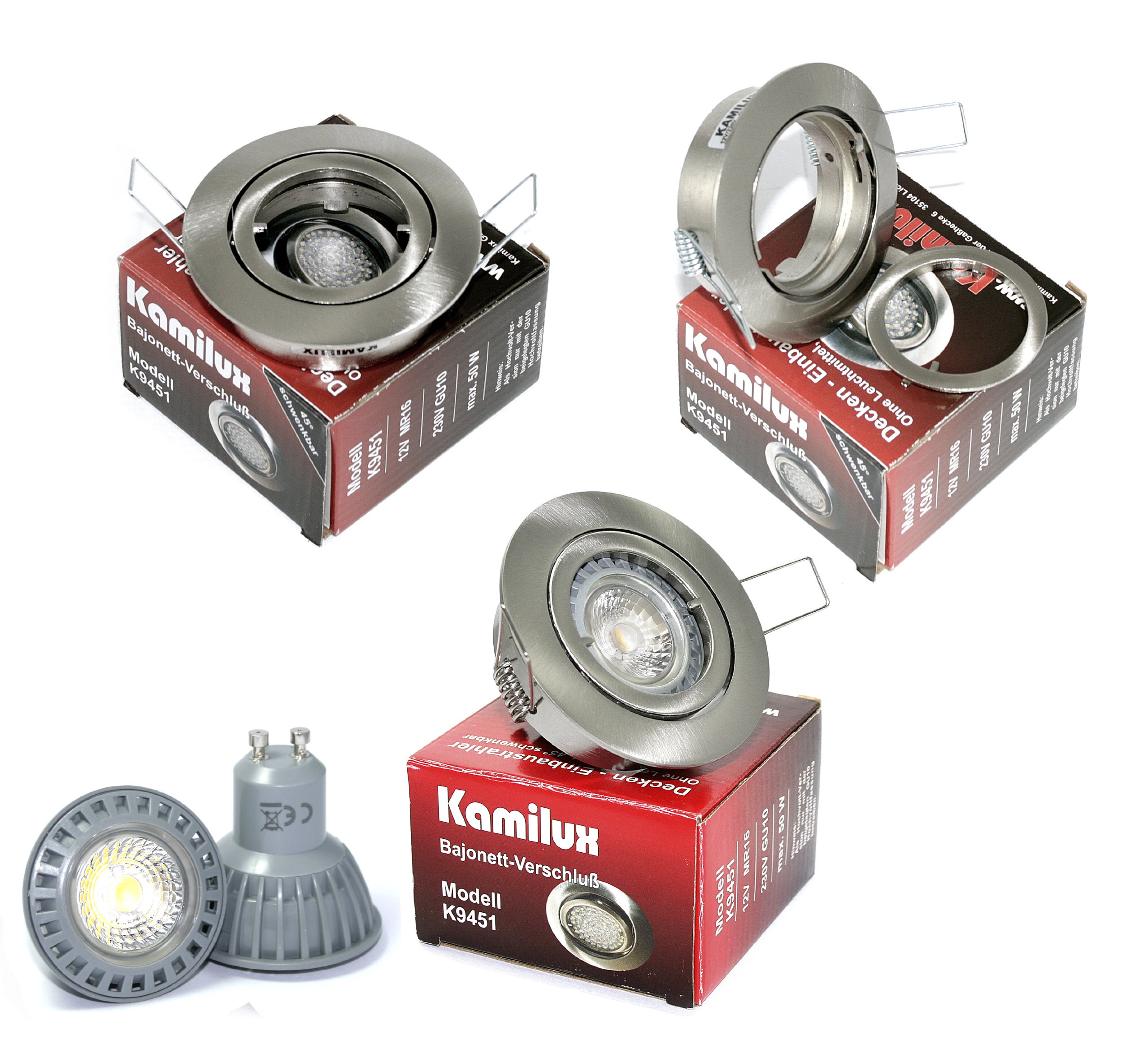 5er Set Power LED Einbauleuchte Bajo 230V GU10 edelstahl-gebürstet + Power LED 5 Watt in tageslichtweiss