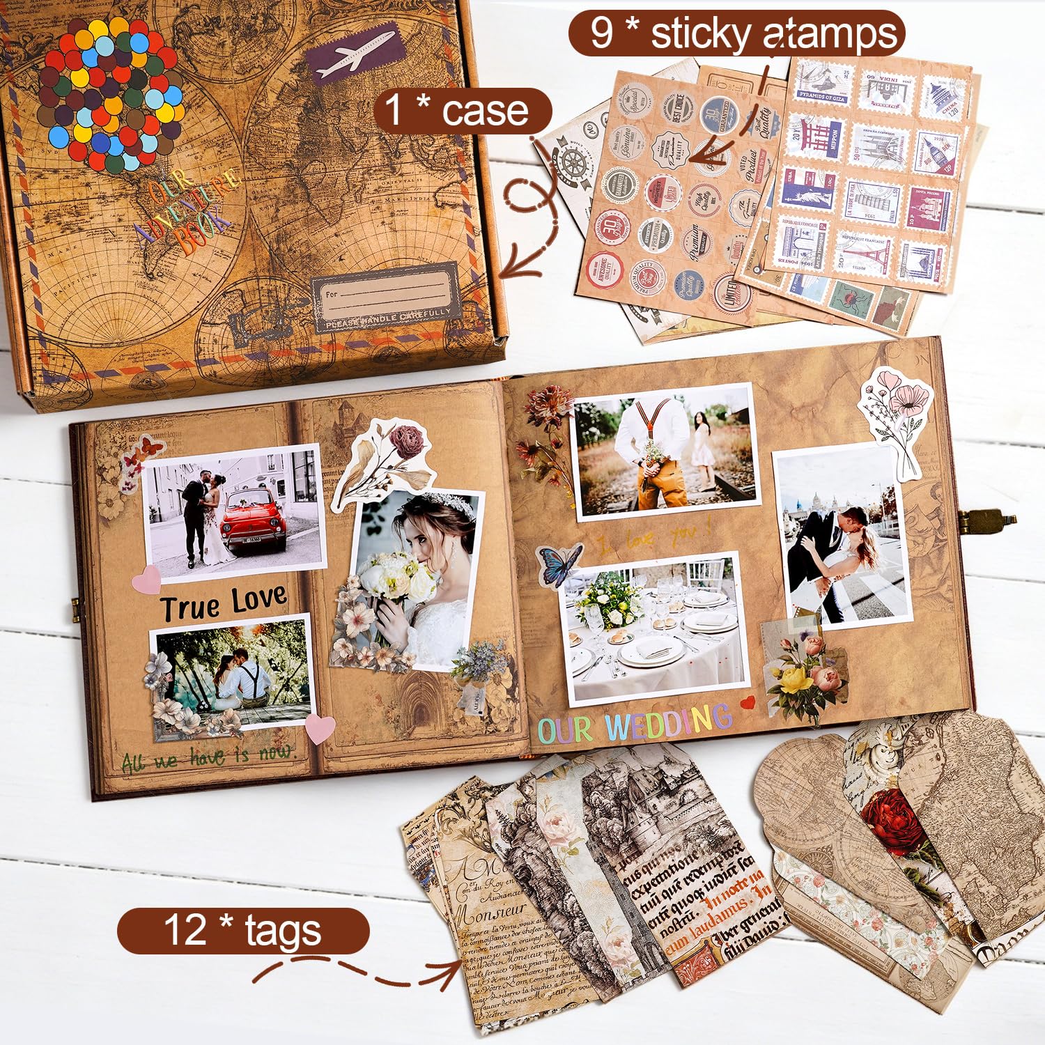 Our Adventure Book - Album fotografico per scrapbooking, 146 pagine, 22 x 19 cm, stile retrò, con copertina in rilievo per lettere, diario di viaggio, diario per coppie, album dei ricordi per