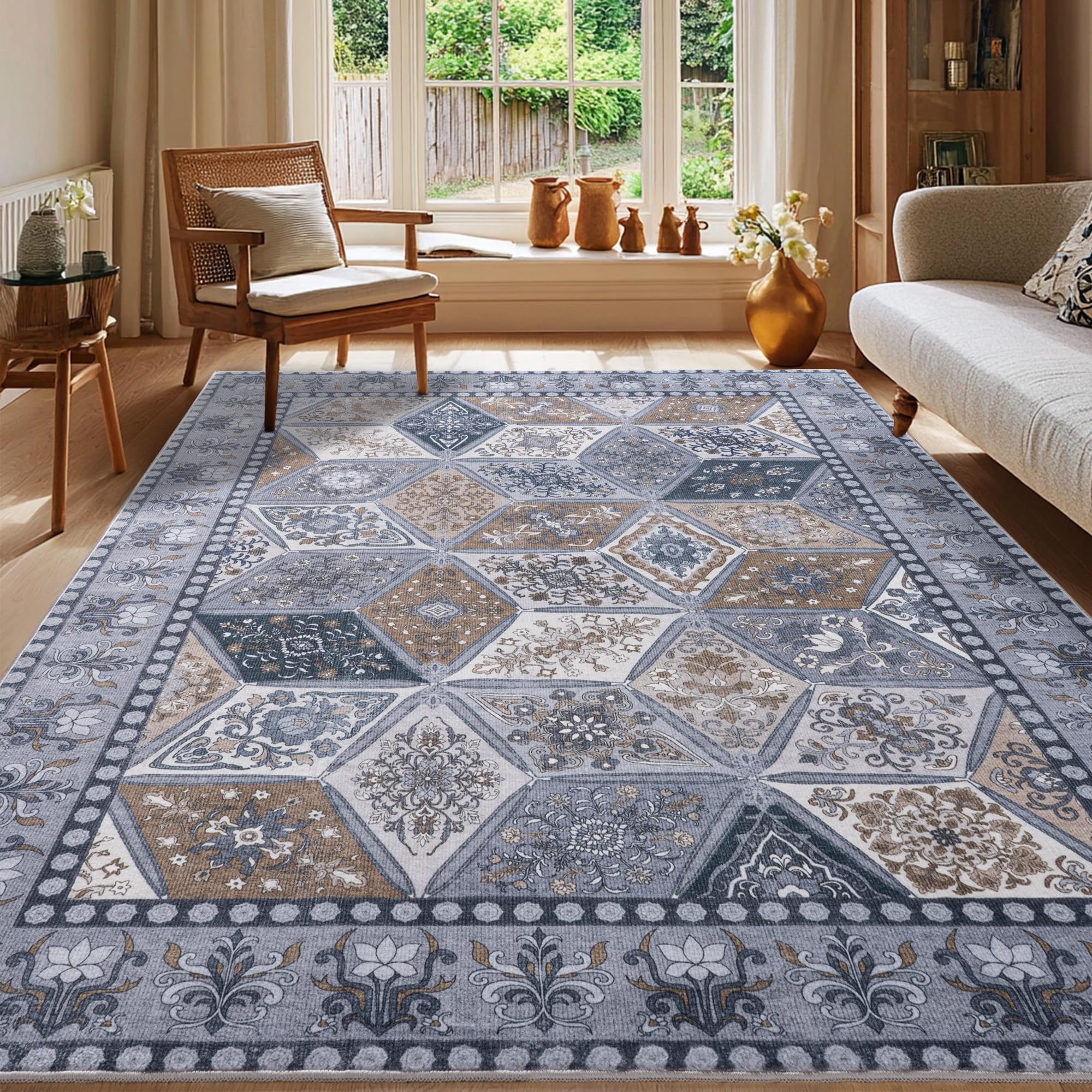 Calinline Dark Grey Large Low Pile Area Rugs Living Room Rug, 120x160 cm