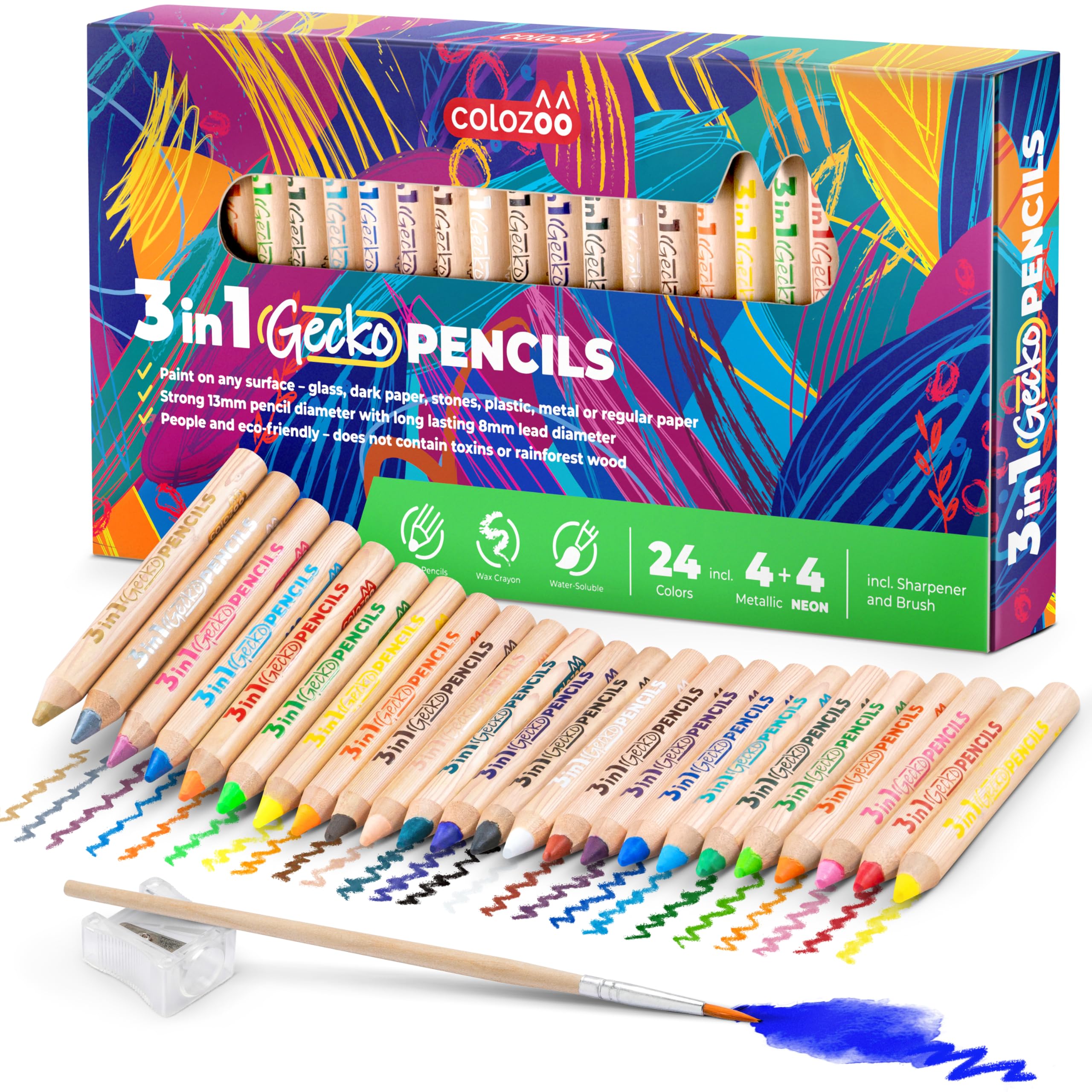 3 In 1 Colouring Pencils - 24 Colours Set inc. Brush and Sharpener - Non-Toxic and Vegan for Ages 3 And Up