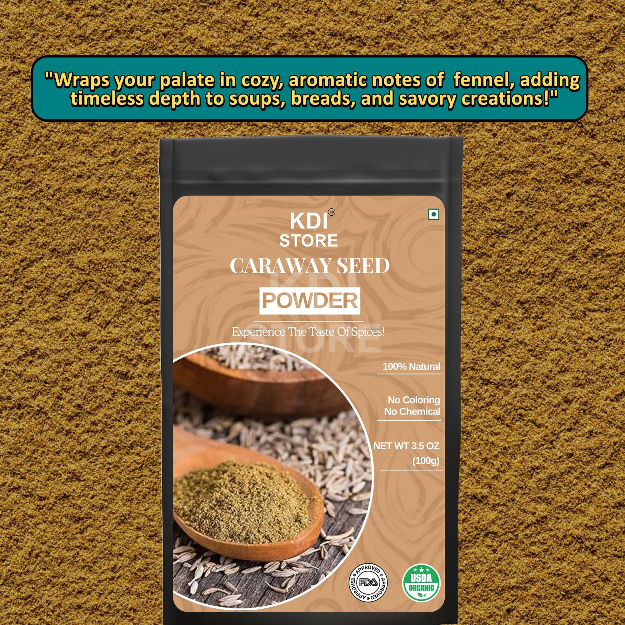 KDI Store Organic Caraway Seed Powder, 100% Natural No Coloring or Chemicals, USDA Certified, (100g)