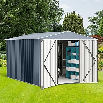 10X12 FT Outdoor Steel Storage Shed with Lockable Doors, Garden Sheds with Weather-Resistant and Moisture-Resistant, Ideal for Patio Lawn Backyard Outside Use, Gray