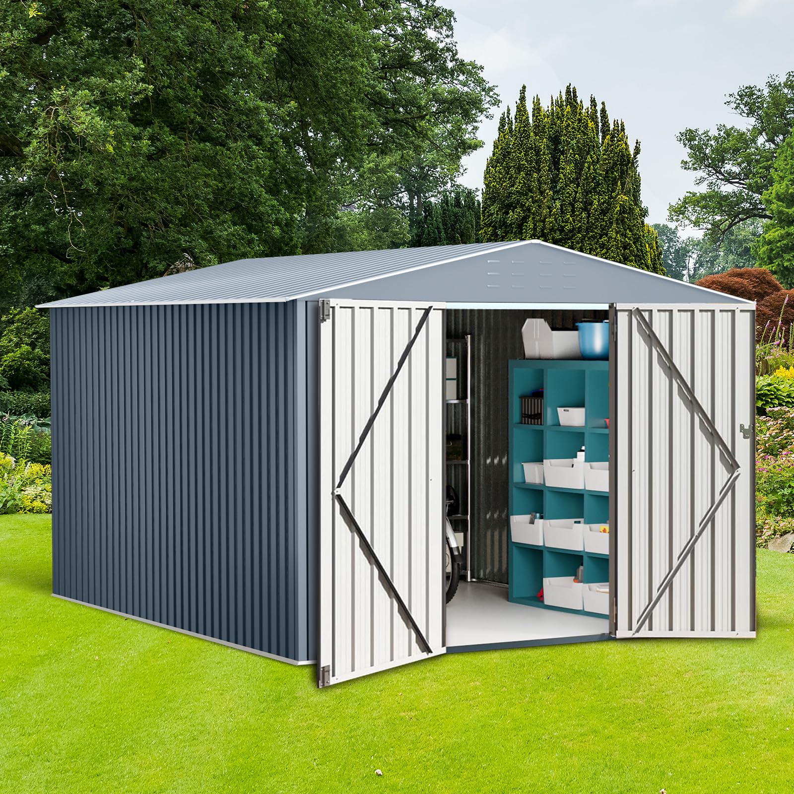 Garvee Abri De Jardin Métallique 10x12 ft, Remise Extérieure Spacieuse en Acier Galvanisé avec Portes Verrouillables, Toit Incliné Et Ventilation Intégrée