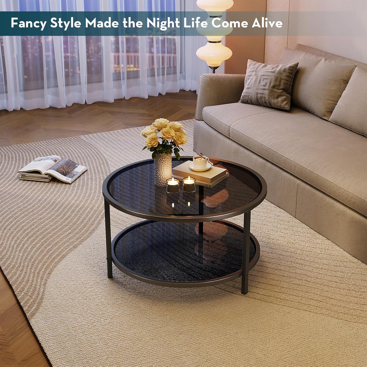 SAYGOER 27.6'' Round Coffee Table 2 Tier Black Glass Coffee Tables with Storage Shelf for Large or Small Space Modern Simple Sofa Table for Living Room Home Office, Easy Assembly…