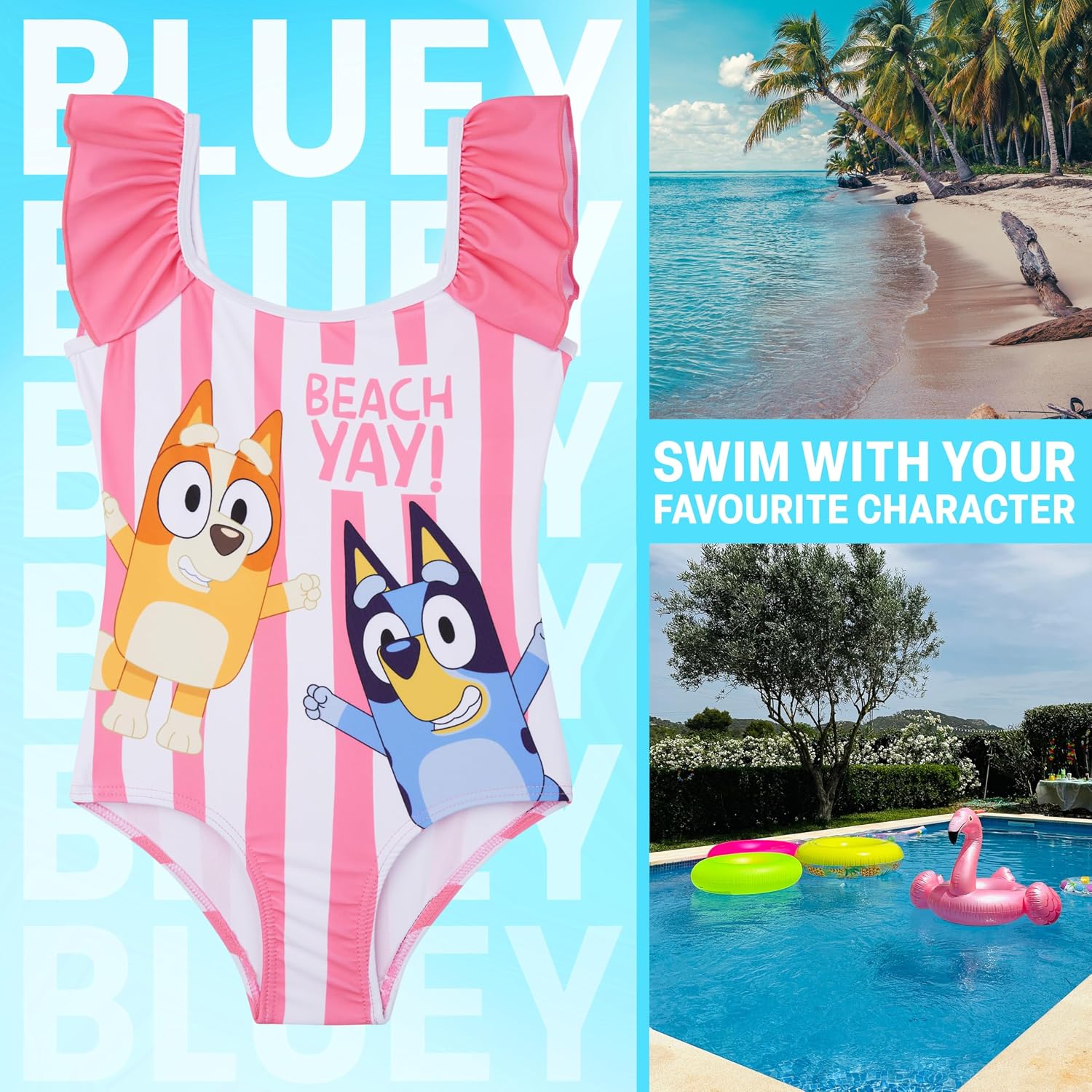Paw Patrol | Bluey Girls Swimsuit, One Piece Toddler Bathing Suit with Ruffle Shoulder UPF 50+ Pool, Beach Swimwear
