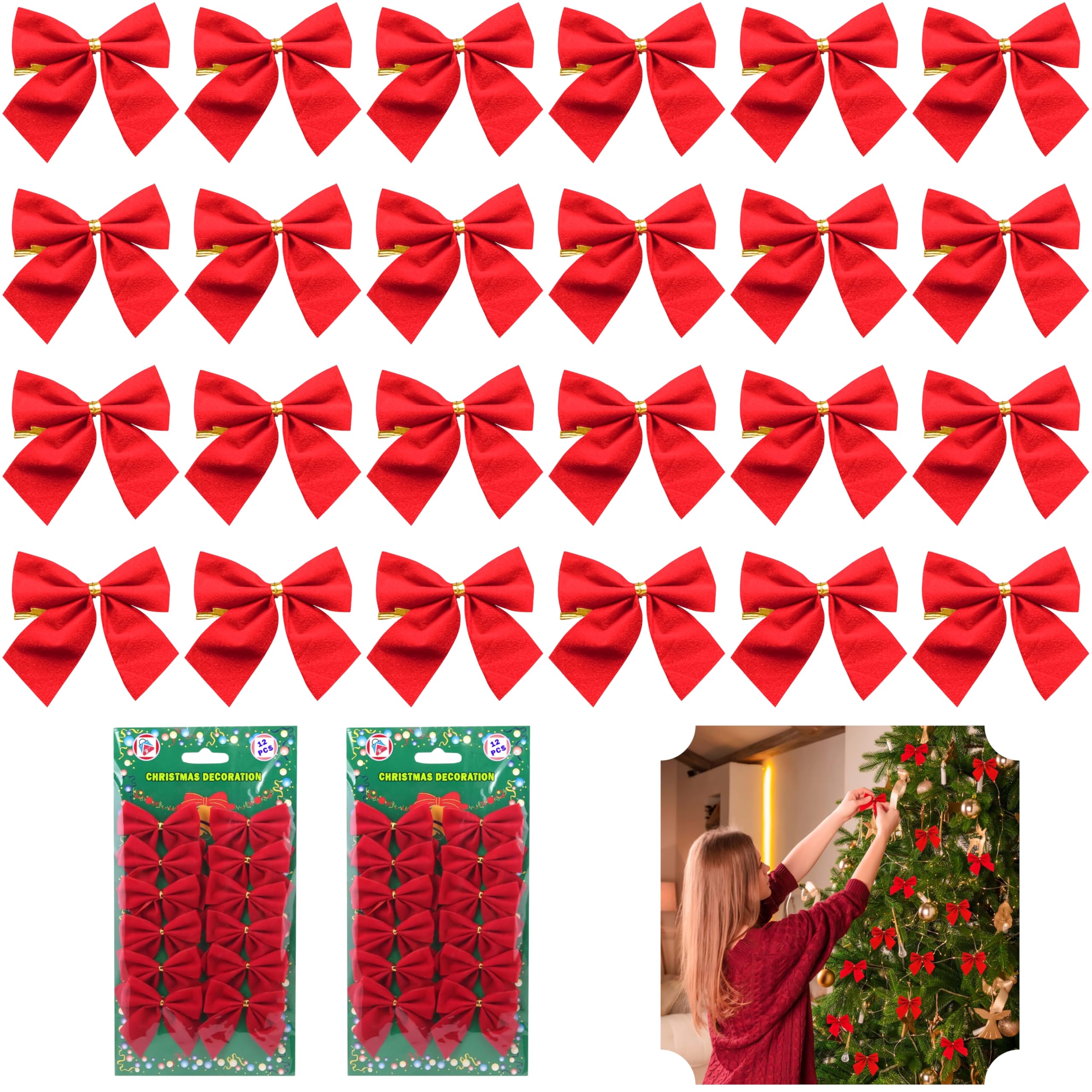 24PCs Christmas Red Bows 9cm - Festival Bow Decorations Christmas, Red Velvet Bows Ornaments for Valentine's Day, Christmas Wreaths Tree New Year Decorations