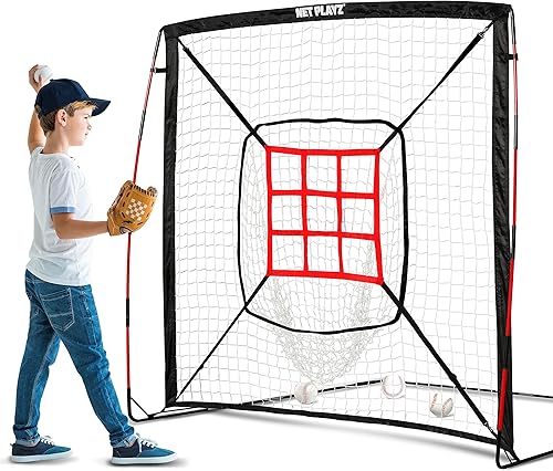 NET PLAYZ Red de práctica de béisbol y softbol de 5 x 5 pies similar al marco de arco, ideal para todos los niveles de habilidad, marco de fibra de