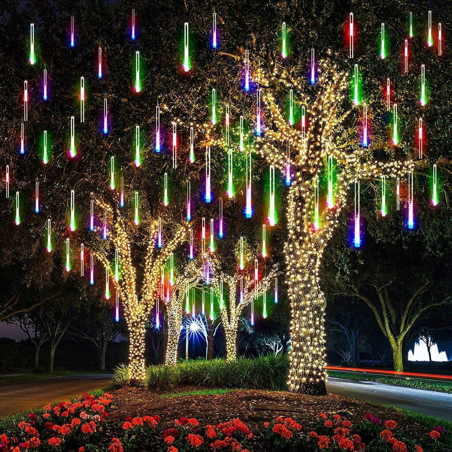 OXFUZZ LED Meteor Shower Solar Lights Outdoor, 30cm 10 Tubes 360LEDs Garden Waterproof Falling Raindrop Christmas Tree Lights (Multicolor)