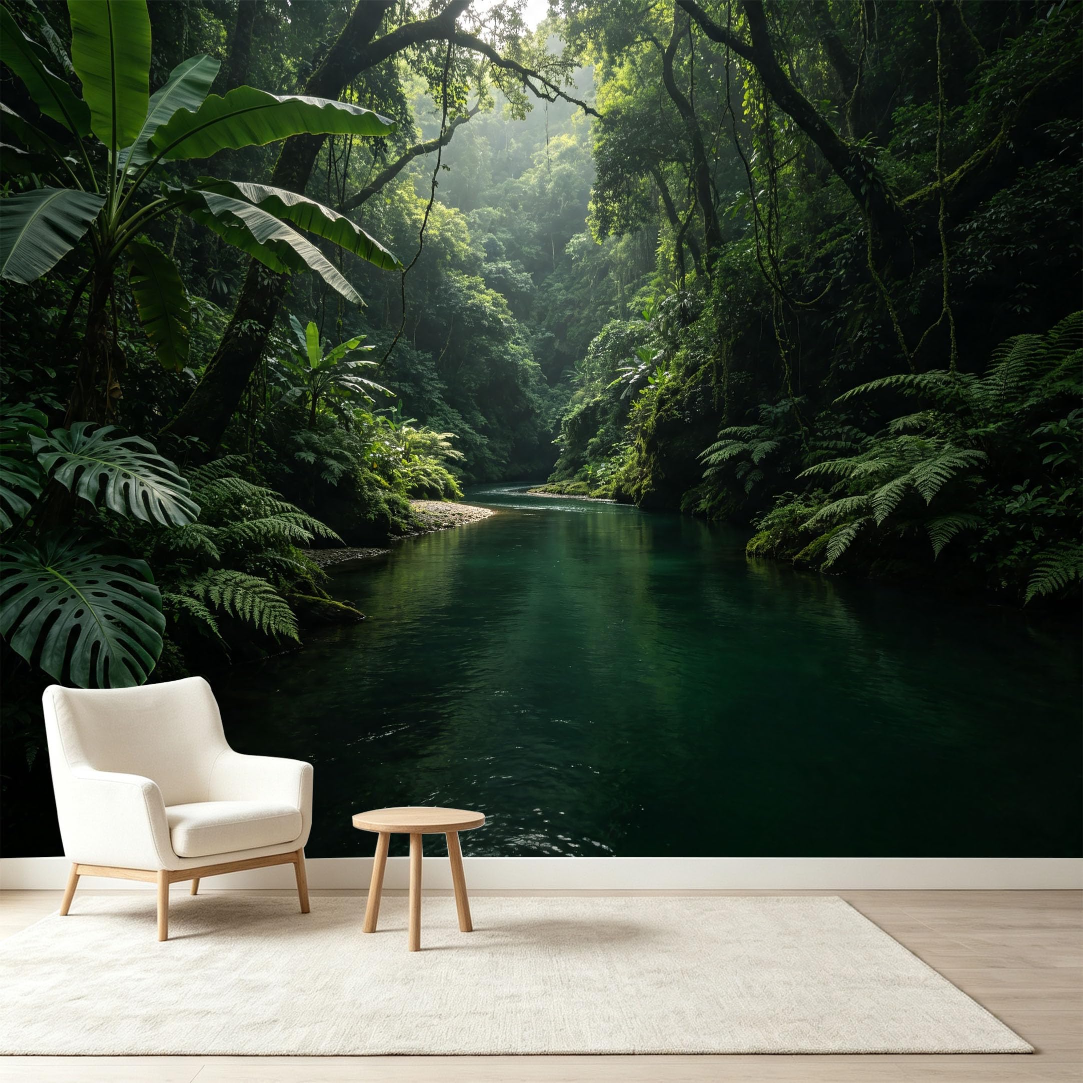 Custom Size Wall Murals Tropical Jungle River Botanical Landscape Self-Adhesive Wall Fabric Removable Wallpaper Wall Decor for Living Room Bedroom Bathroom