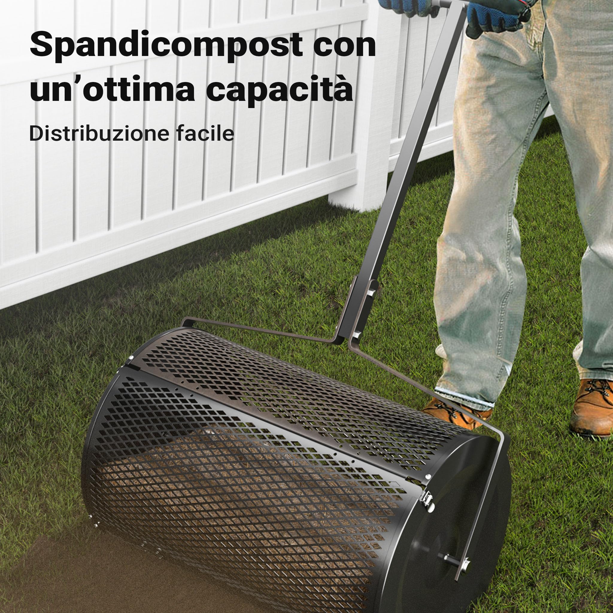 Wiltec Rullo spargiterriccio e spandicompost 75 l, 110x64x40 cm, gabbia a rete