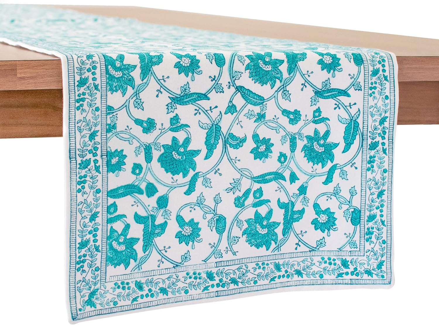 Teal Floral Dining Table Runner ( 100% Cotton, Hand Block Print, 14x132 inch, Pack of 1) Fabric Lined | No Fray Edges | for Home, Kitchen, Dining Room, Holiday, Wedding Party Décor
