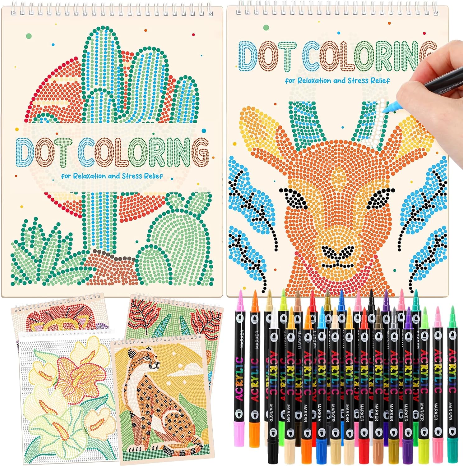 Crtiin 2 Pack Adult Coloring Book with Markers, 48 Patterns Animal Plant Dot by Letter Coloring Books Guided Dot Art Meditations for Relaxation Activity Adults Women Teens Seniors Gifts
