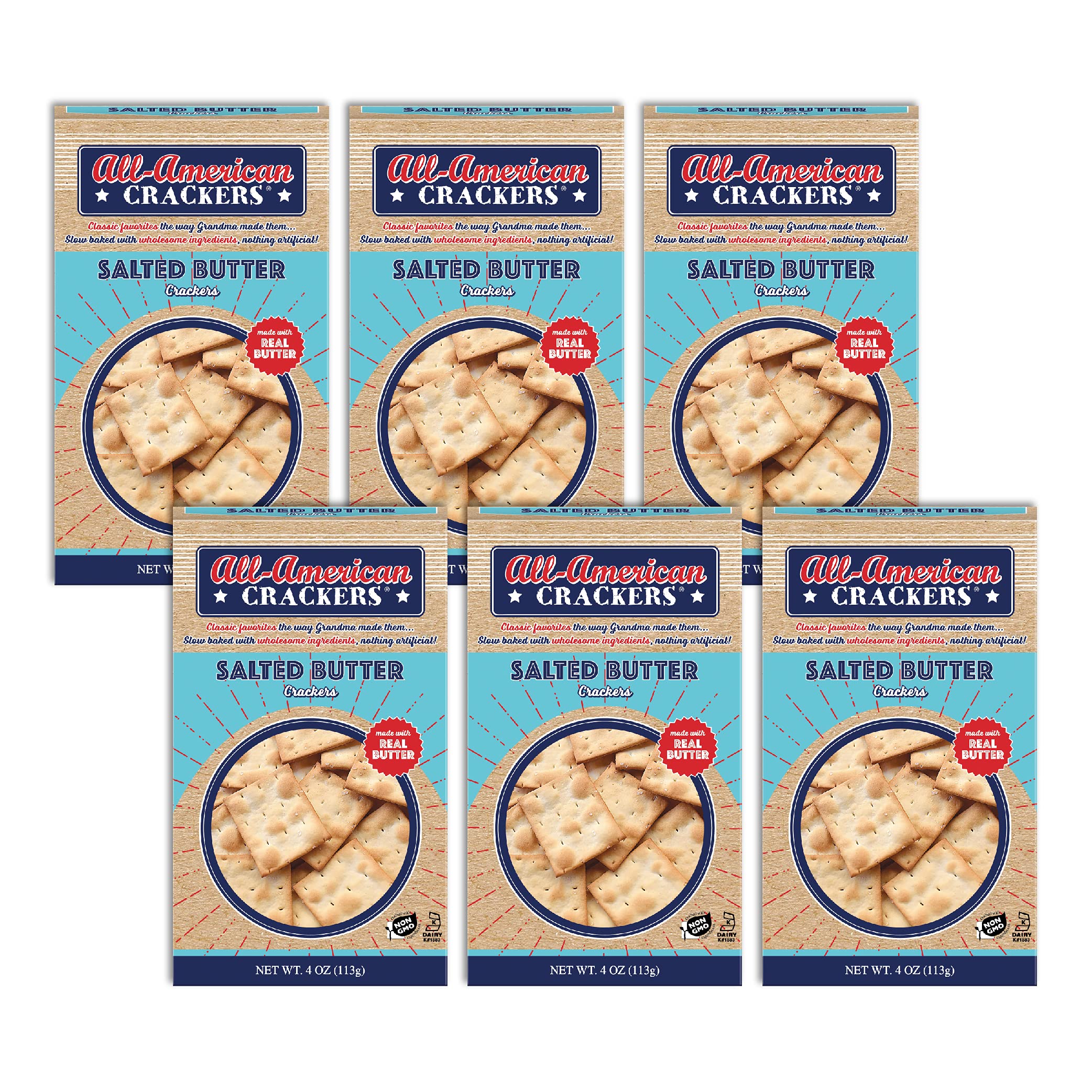 All-American Snack Crackers, Salted Butter, 4 Ounce (Pack of 6), Made with Real Ingredients, Non-GMO, Kosher
