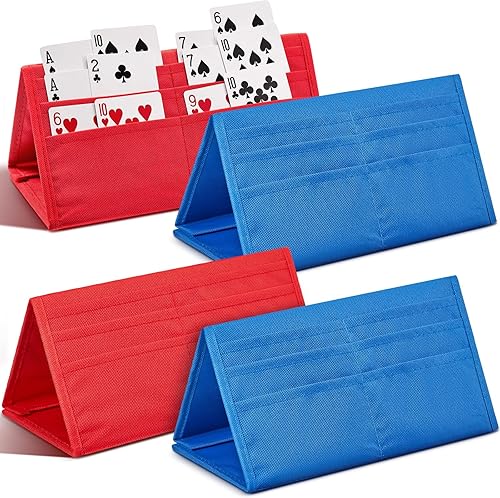 4 portatarjetas plegables para cartas de juego manos libres, bandeja para adultos, capacidad para 40 cartas cada uno, rojo y azul