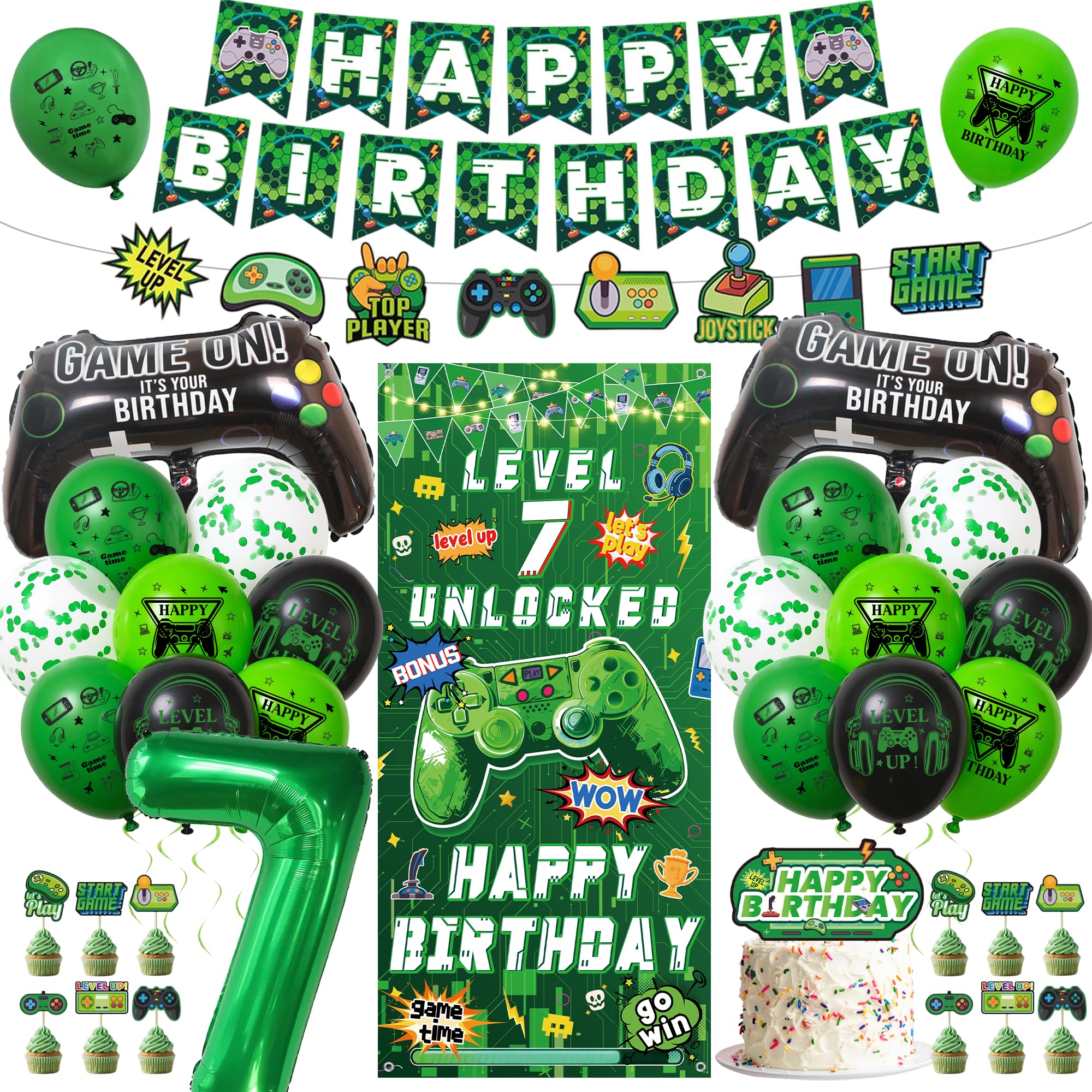 Video Game 7th Birthday Decorations, Happy Birthday Banners