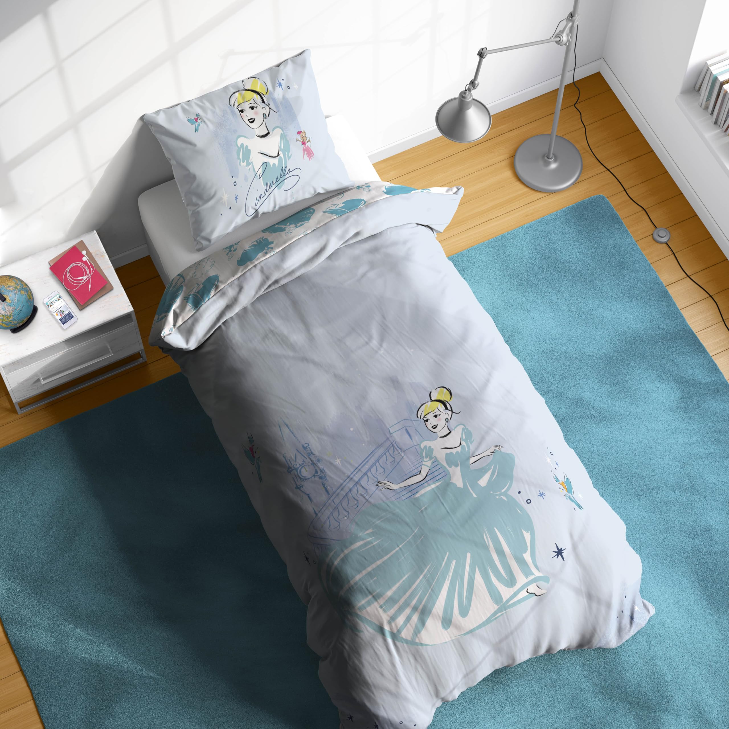 Disney Prinzessin Cinderella – Einzelbett-Bettwäsche-Set 100% Baumwolle mit Kissenbezug 80 x 80 cm