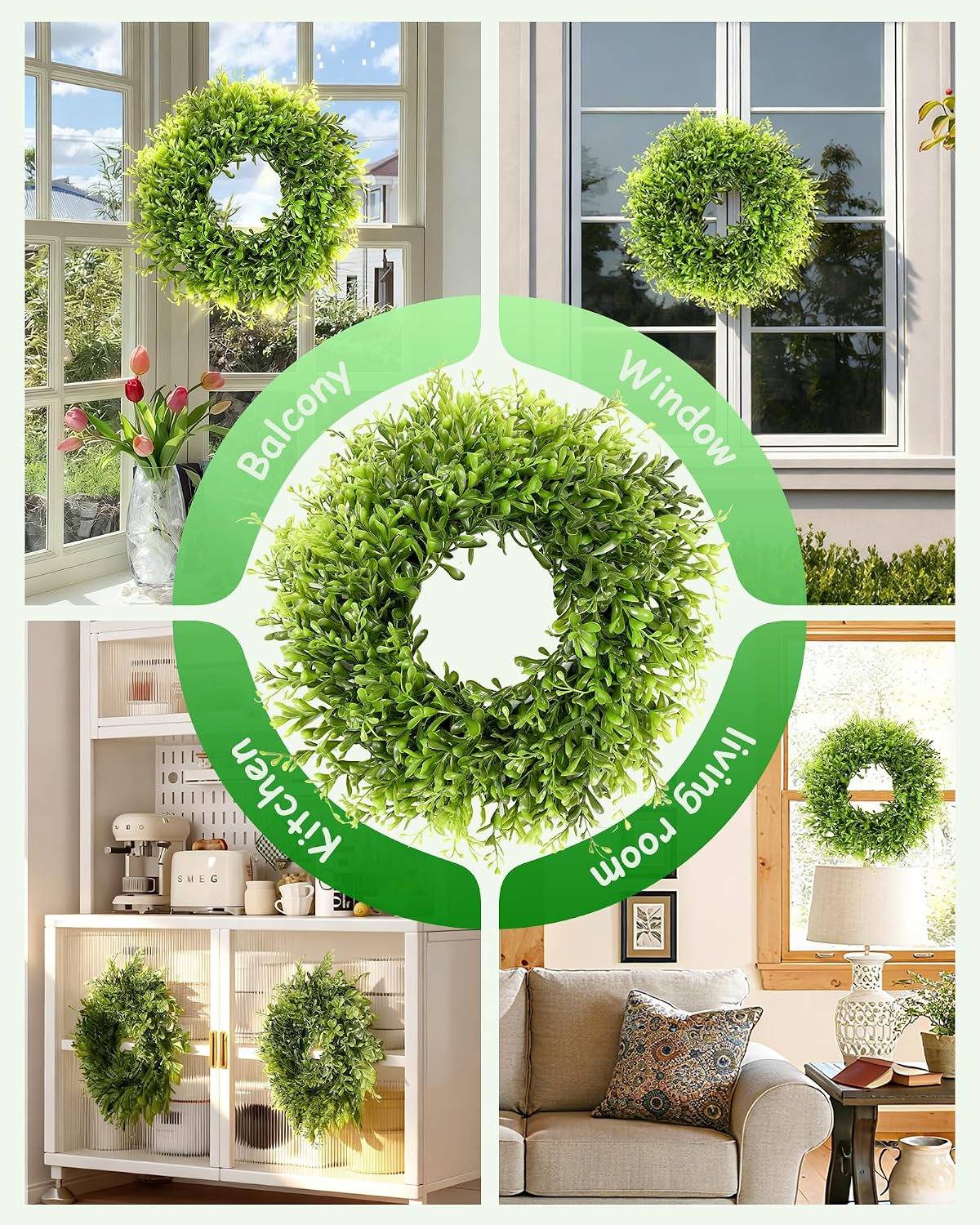 Vlorart 12 Inch Small Boxwood Wreath for Front Door, 2 Pcs Small Green Wreath Artificial Boxwood Wreaths Weatherproof, Spring Summer Mini Wreaths for Cabinets Window Wedding Farmhouse Indoor Outdoor