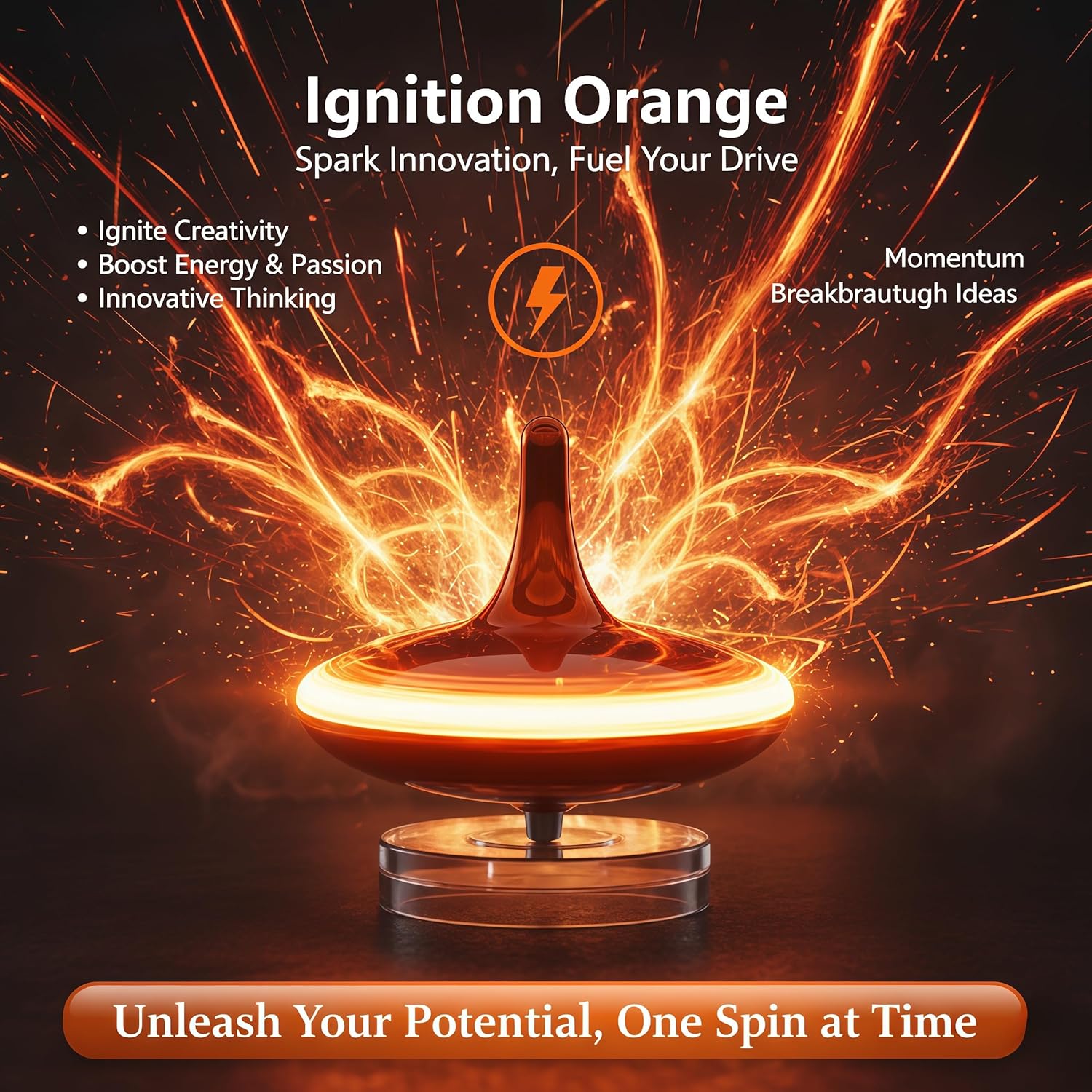 Electric Spinning Top, 6+ Hour Continuous Spin Gyroscope, LED Light Show, Kinetic Desk Sculpture, Executive Stress Relief Desk Toy, Cool Tech Gifts for Men(Ignition Orange)
