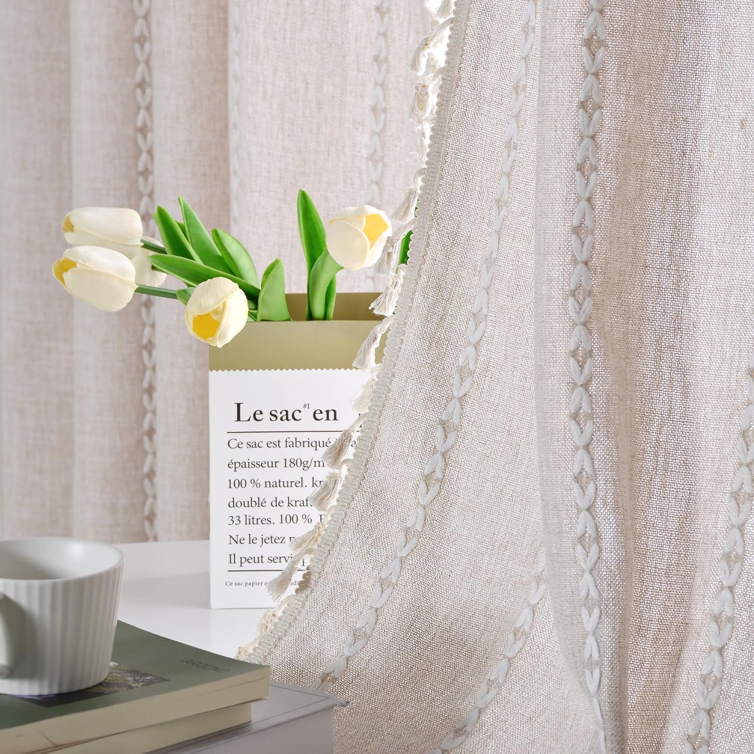 2 Panels Boho Farmhouse Curtains for Bedroom Living Room Semi Blackout Striped Curtains Cotton Linen Window Curtain Panel, Bohemian Chic Tassel Curtain Drapes, 55" W x 84" L,Coffee