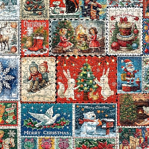 Miniatura 2 de Rompecabezas de Navidad para adultos de 1000 piezas, rompecabezas vintage de sellos de Navidad, rompecabezas de vacaciones de invierno