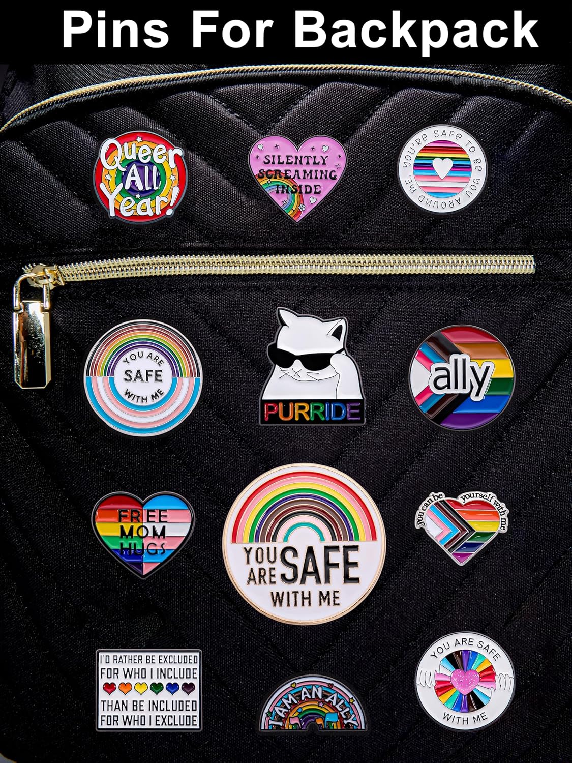 12-Pack LGBTQ+ Enamel Pins Set – Ally and Safe Space Pride Pins with Rainbow and Quote Designs – Collectible Metal Lapel Pins for Backpacks, Bags, Jackets, Gifts - Image 5