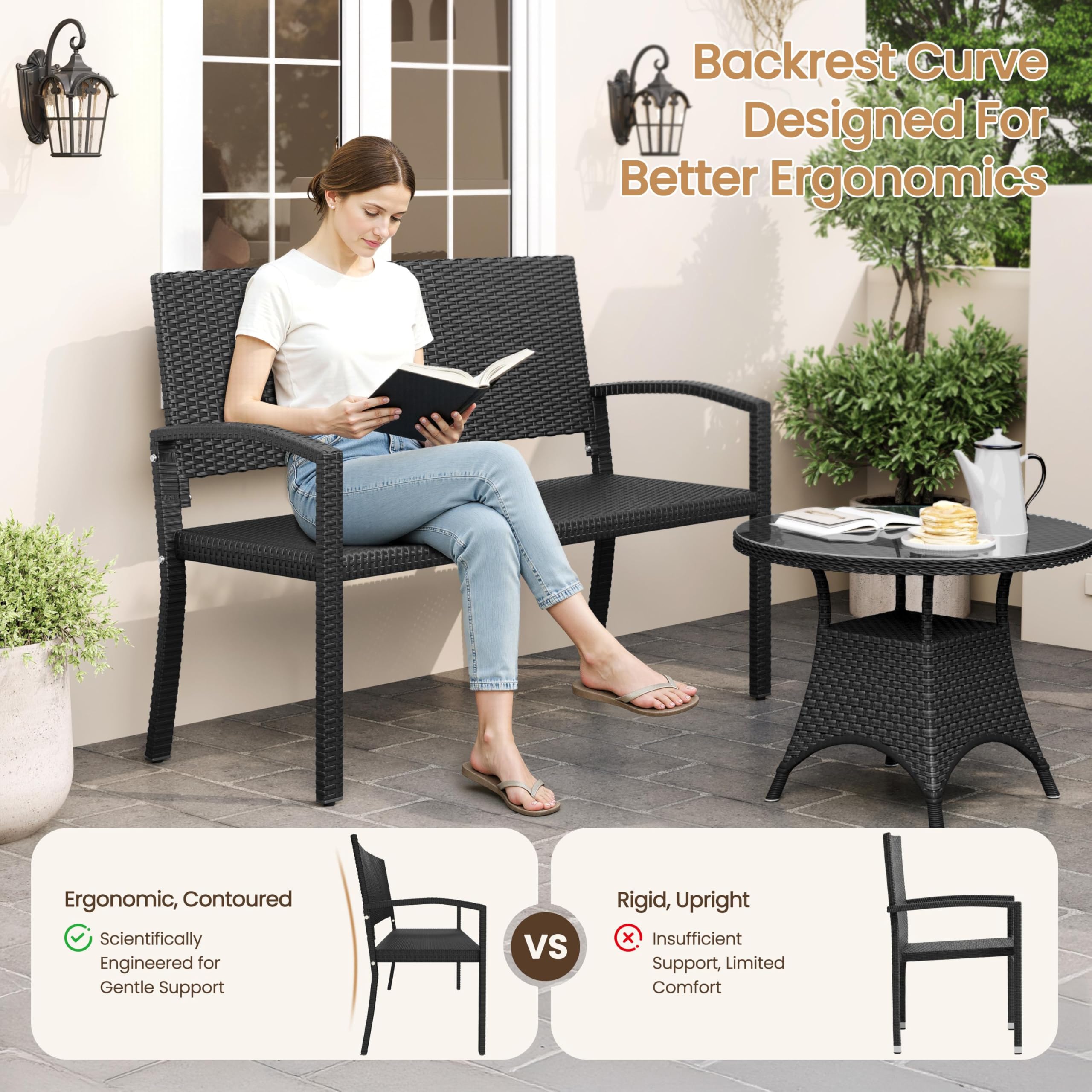 Yaheetech Banco Jardin Exterior Banco Terraza Ratán con Respaldo y Reposabrazos Negro Resistente Intemperie 121,5 × 62 × 89 cm