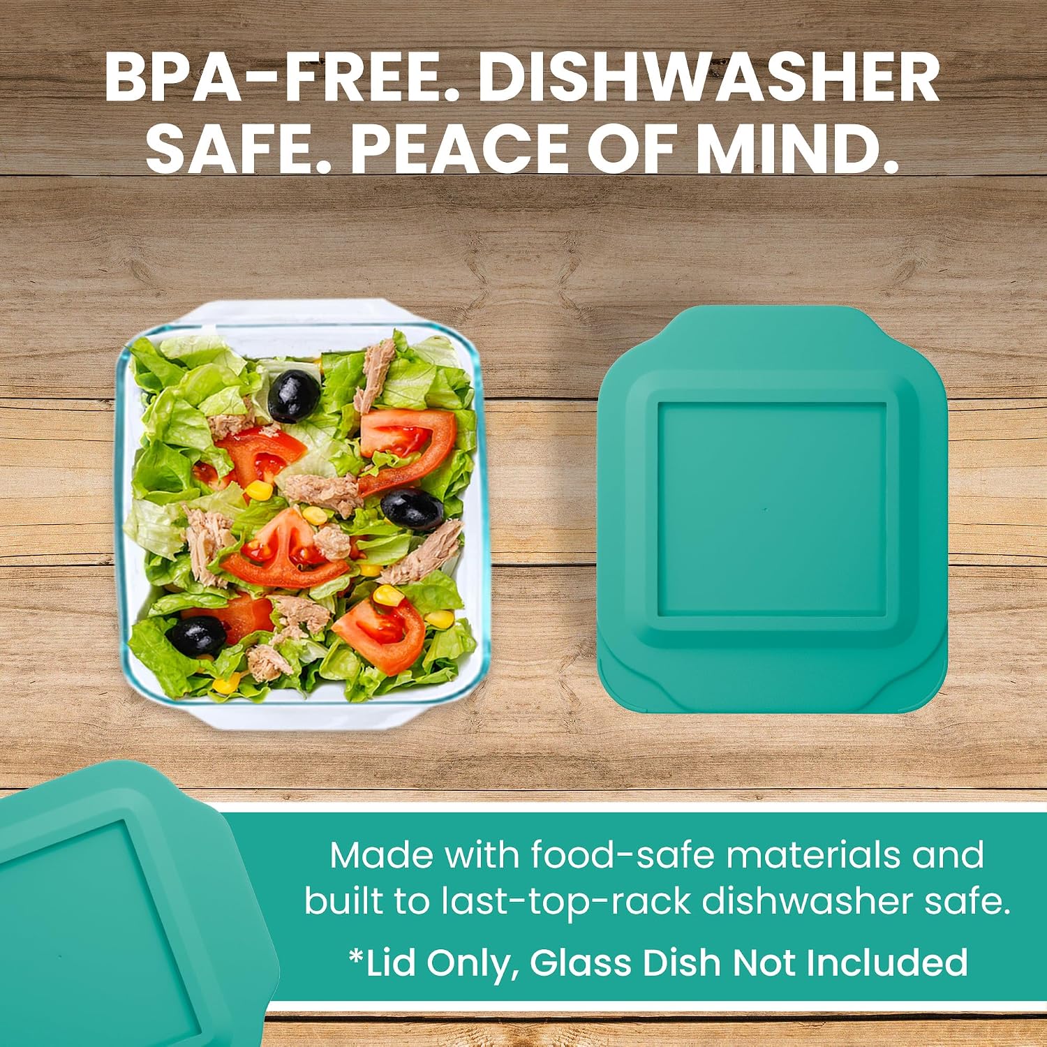 Replacement Lid fits Pyrex 2-Quart 8" x 8" Glass Baking Dish #222, Compatible with Lid #222-PC, Food Storage Container Cover with Flush Tab Handles (2-Pack, Teal)