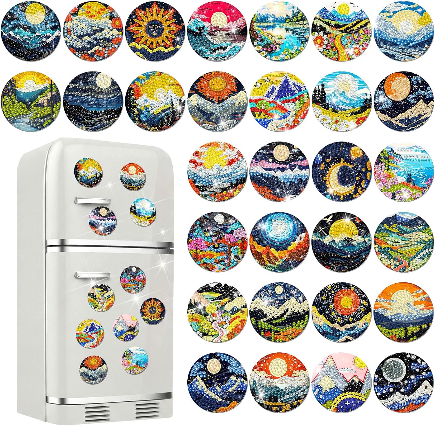 Motipuns 30 Pcs Magnetic Diamond Art Painting Abstract Landscape Magnets Fridge Diamond Art Painting Kits Sticker Magnet DIY Craft for Adult Beginner Souvenir Gift Office Home Decor
