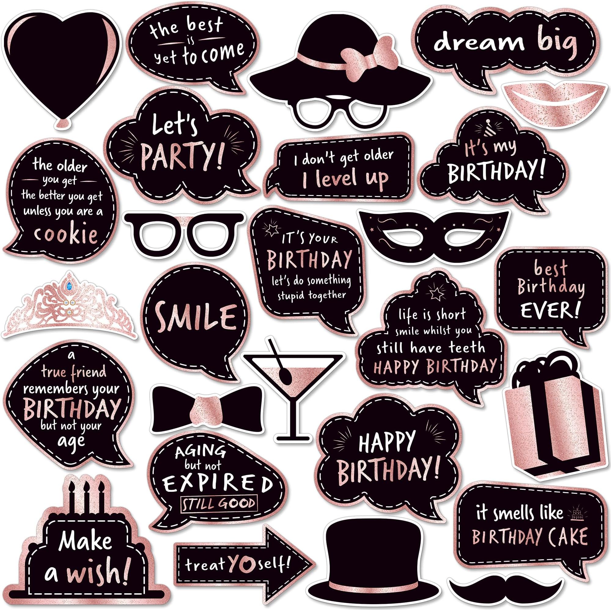 Birthday Photo Booth Props - (No Glitter) Rose Gold Birthday Party Photobooth Props and Signs (27 Count) - Large and Durable Happy Birthday Photo Booth Props - Cute & Funny Birthday Photobooth Props