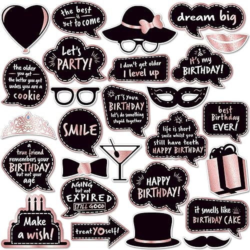 Accesorios para cabina de fotos de cumpleaños y centros de mesa (27 unidades) accesorios y letreros de fiesta de cumpleaños de color oro rosa (sin