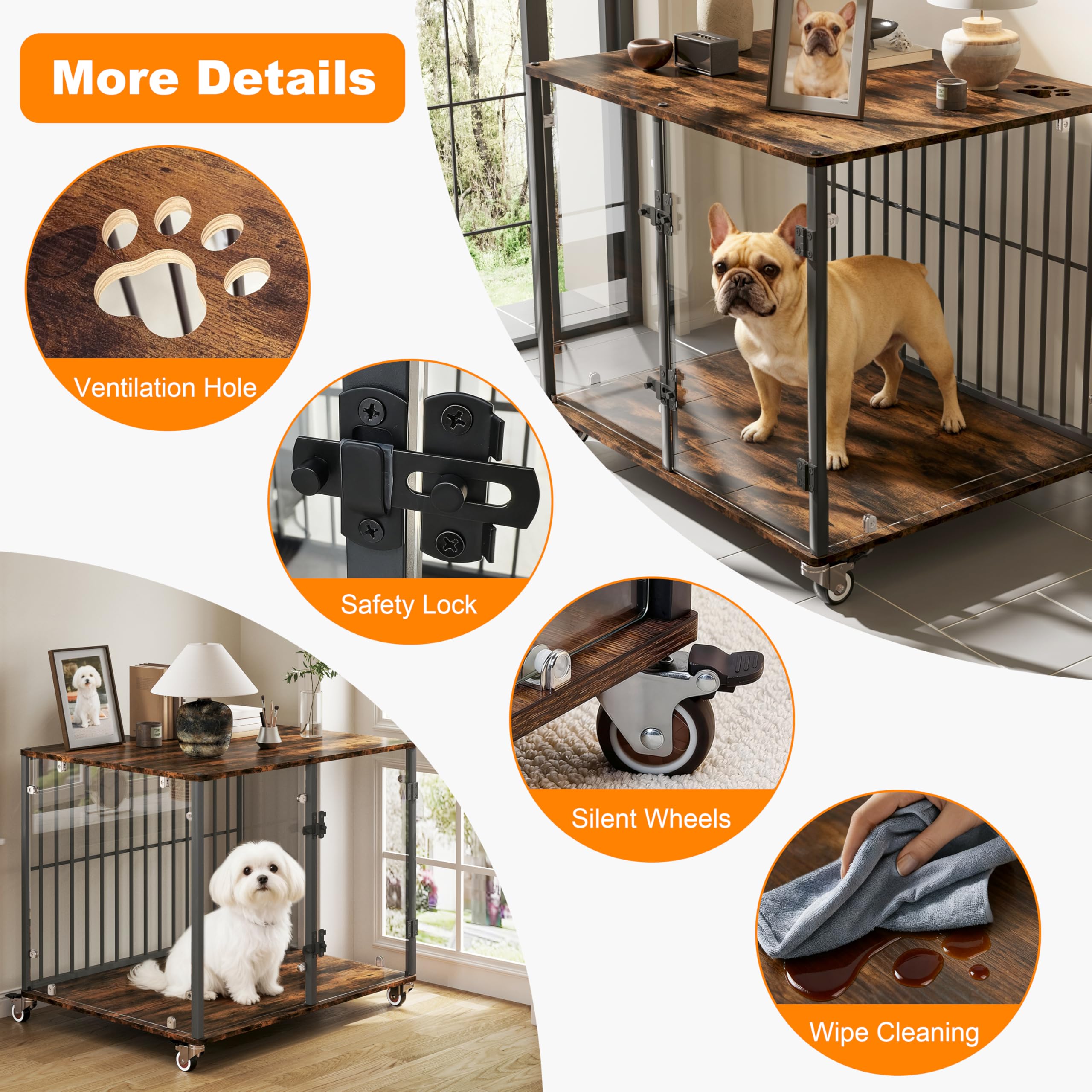 Bingopaw Jaula para Perros Mediano Mueble 77x60x65cm Jaula Perros Transparente de Vidrio Templado Resistente a Las Mordidas y Duradera con Hierro Fuerte Anticorrosivo y Superficie de Mesa