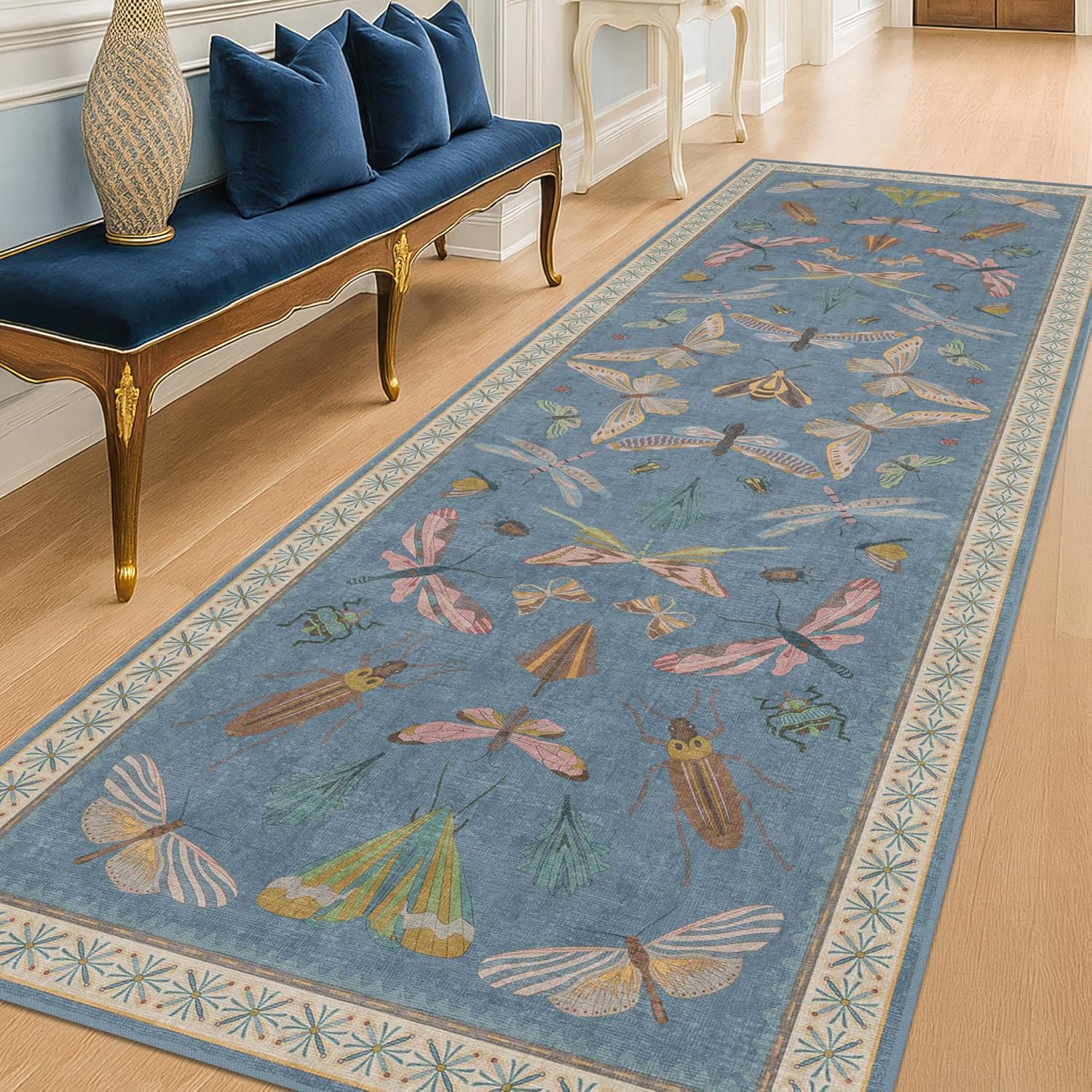 Blue Insect 2'6'' Wide 8' Long Hallway Runner Rug - Washable Kitchen Sink Rug, Non Slip Runner Rug for Entryway, Colorful Vintage Print Home Decor