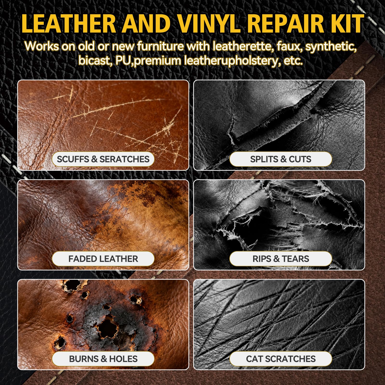 Kit Riparazione Pelle 6 Colori, Stucco per Pelle Marrone, Ripara Ecopelle, per la Riparazione di Graffi, Scolorimenti e Fori su Divani in Pelle, Sedili Auto, Scarpe, Portafogli e Pelle Sintetica