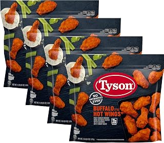 Tyson Fully Cooked Bone-In Buffalo Style Hot Chicken Wings - Coated with Flavorful Hot and Tangy Sauce - Ready Set Gourmet Donate a Meal Program - 4 Pack (64 oz Each)