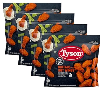 Tyson Fully Cooked Bone-In Buffalo Style Hot Chicken Wings - Coated with Flavorful Hot and Tangy Sauce - Ready Set Gourmet Donate a Meal Program - 4 Pack 64 oz Each