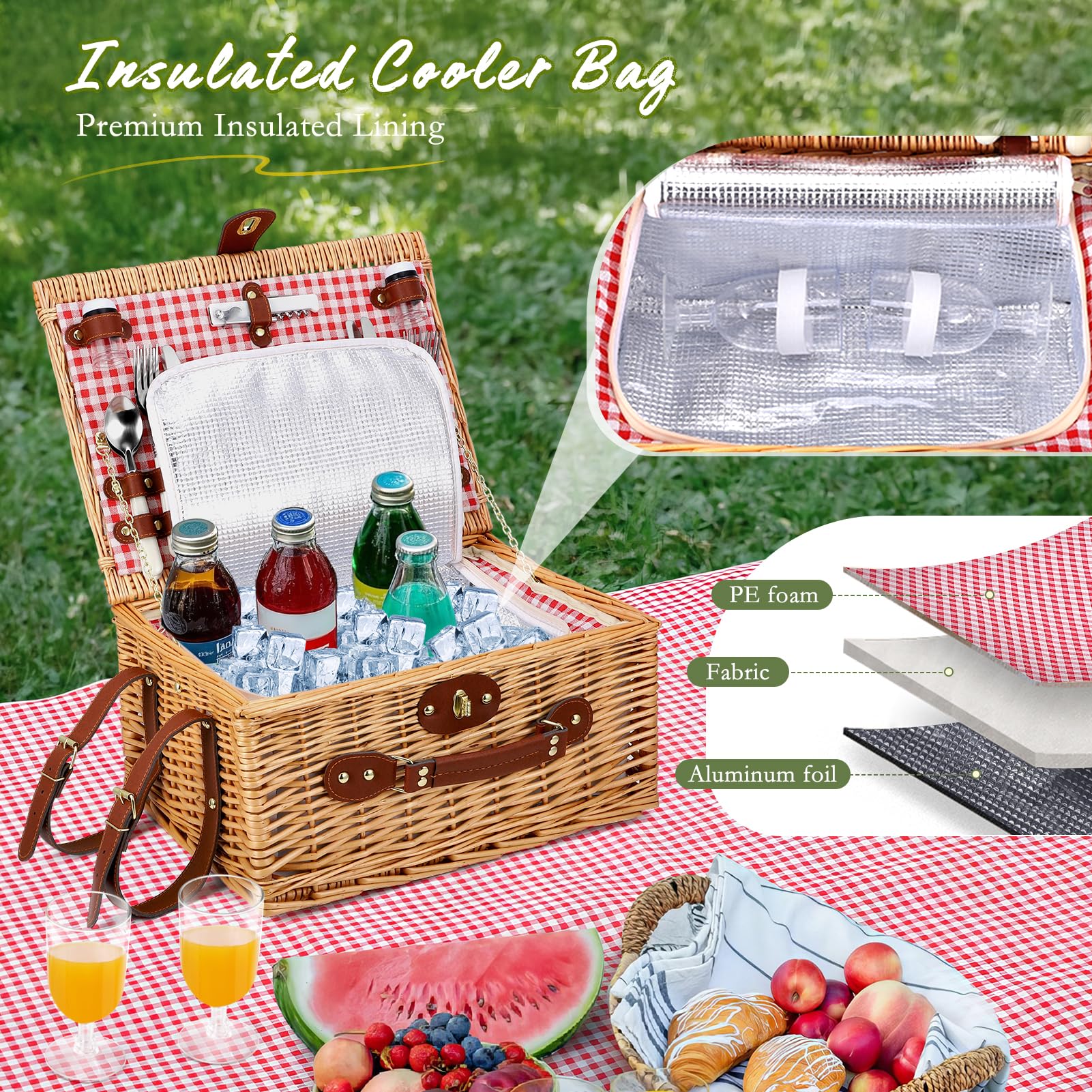 Cestino da Picnic in Vimini per 4 Persone, Cesto Picnic Vintage, con Scomparto Termico, Coperta Impermeabile, Posate, per Campeggio, Festa all'Aperto, Spiaggia, Rosso