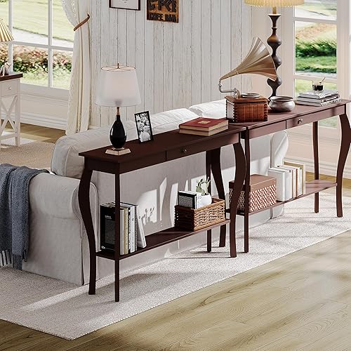 Miniatura 6 de ChooChoo Mesa para consola estrecha para entrada, mesa delgada con patas curvadas de madera, mesa de entrada alta para pasillo, fácil montaje Negro