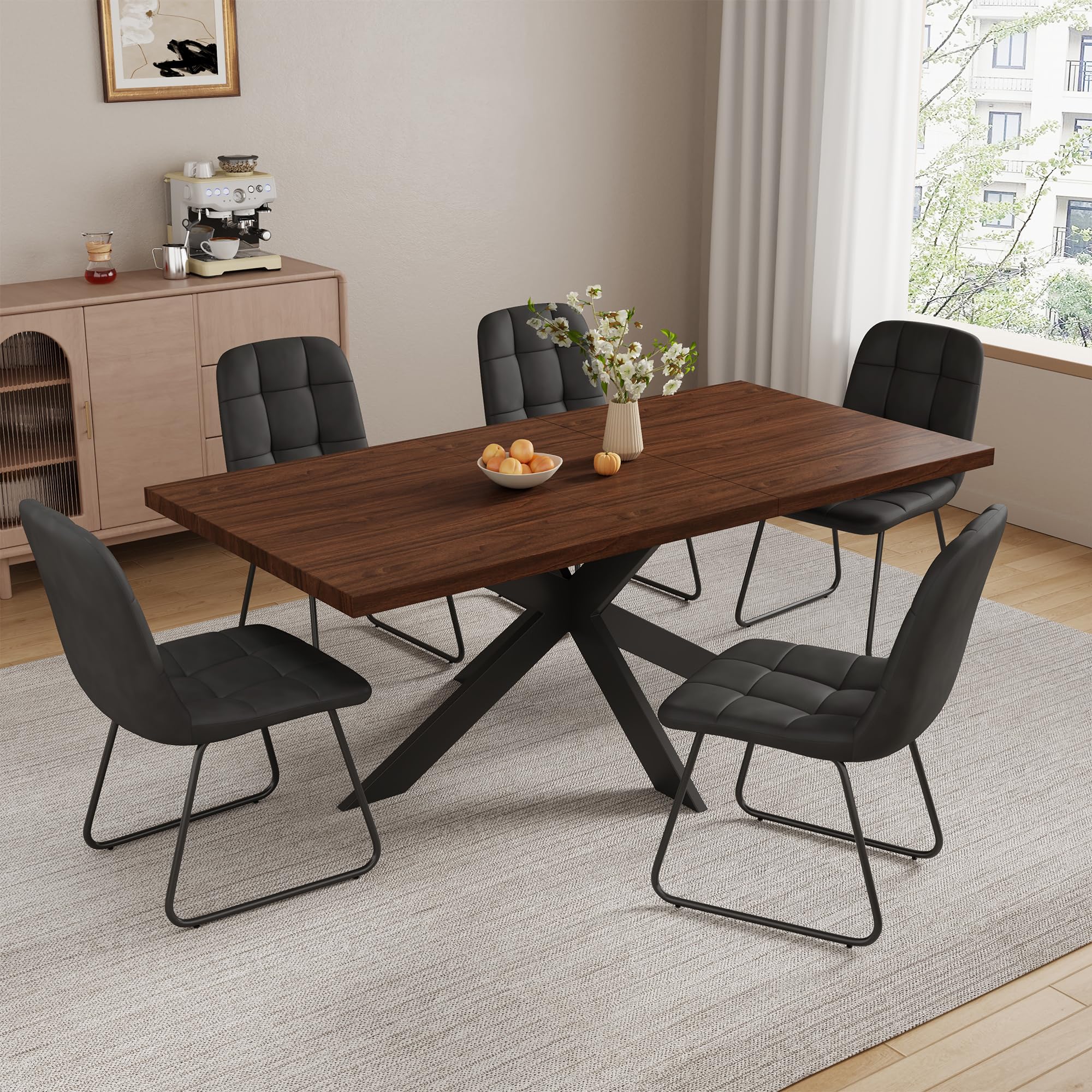 ZckyCine 7-Piece Dining Table Set with 51"-67" Extendable Walnut Wood Table and 6 PU Leather Chairs, Modern Rectangular Kitchen Table Set with Metal
